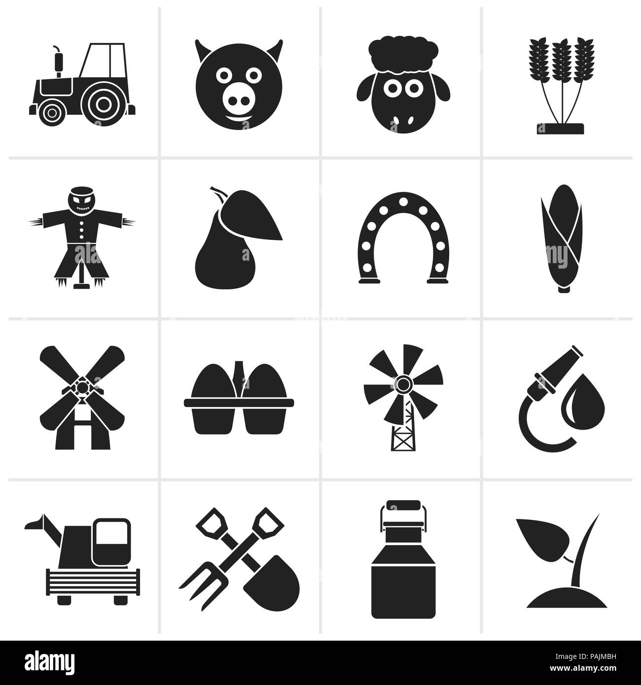 Schwarz Agrar- und Landwirtschaft Symbole - Vektor Icon Set Stock Vektor