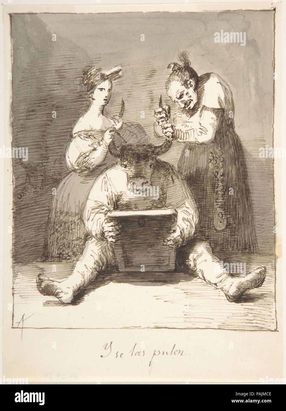 Sie sind Polieren Ihn ('y se las pulen'). Artist: Leonardo Alenza y Nieto (Spanisch, Madrid Madrid, 1807-1845). Abmessungen: 6-7/8 x 5-1/8 in. (17,5 x 13,0 cm). Datum: 1807-45. Museum: Metropolitan Museum of Art, New York, USA. Stockfoto