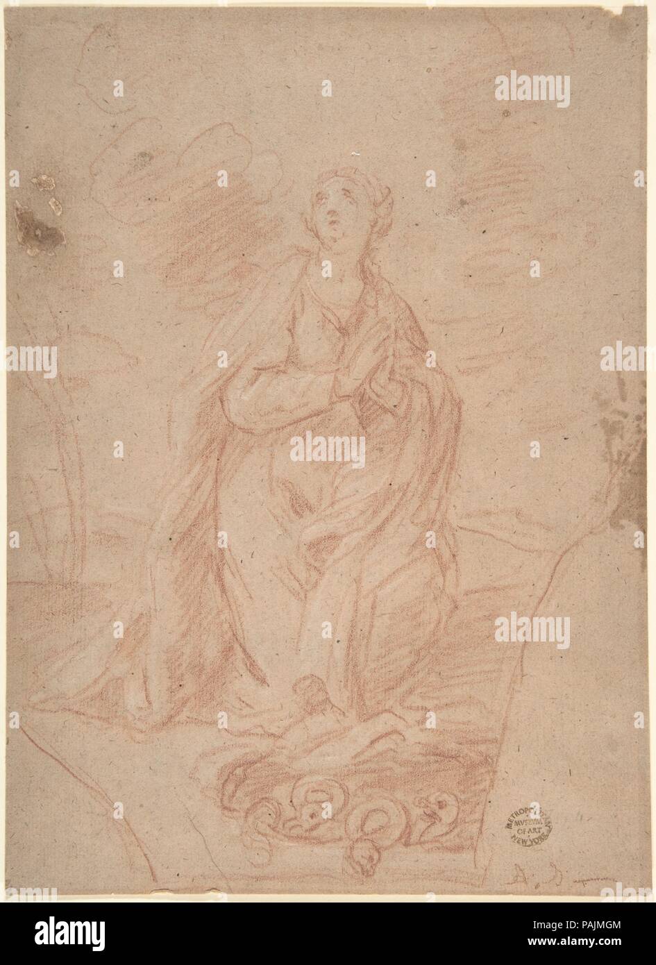Jungfrau kniend im Gebet. Artist: Anonyme, Italienisch, Roman-Bolognese, 17. Abmessungen: 9-1/16 x 6-9/16-in. (23 x 16,7 cm). Datum: 17. Museum: Metropolitan Museum of Art, New York, USA. Stockfoto