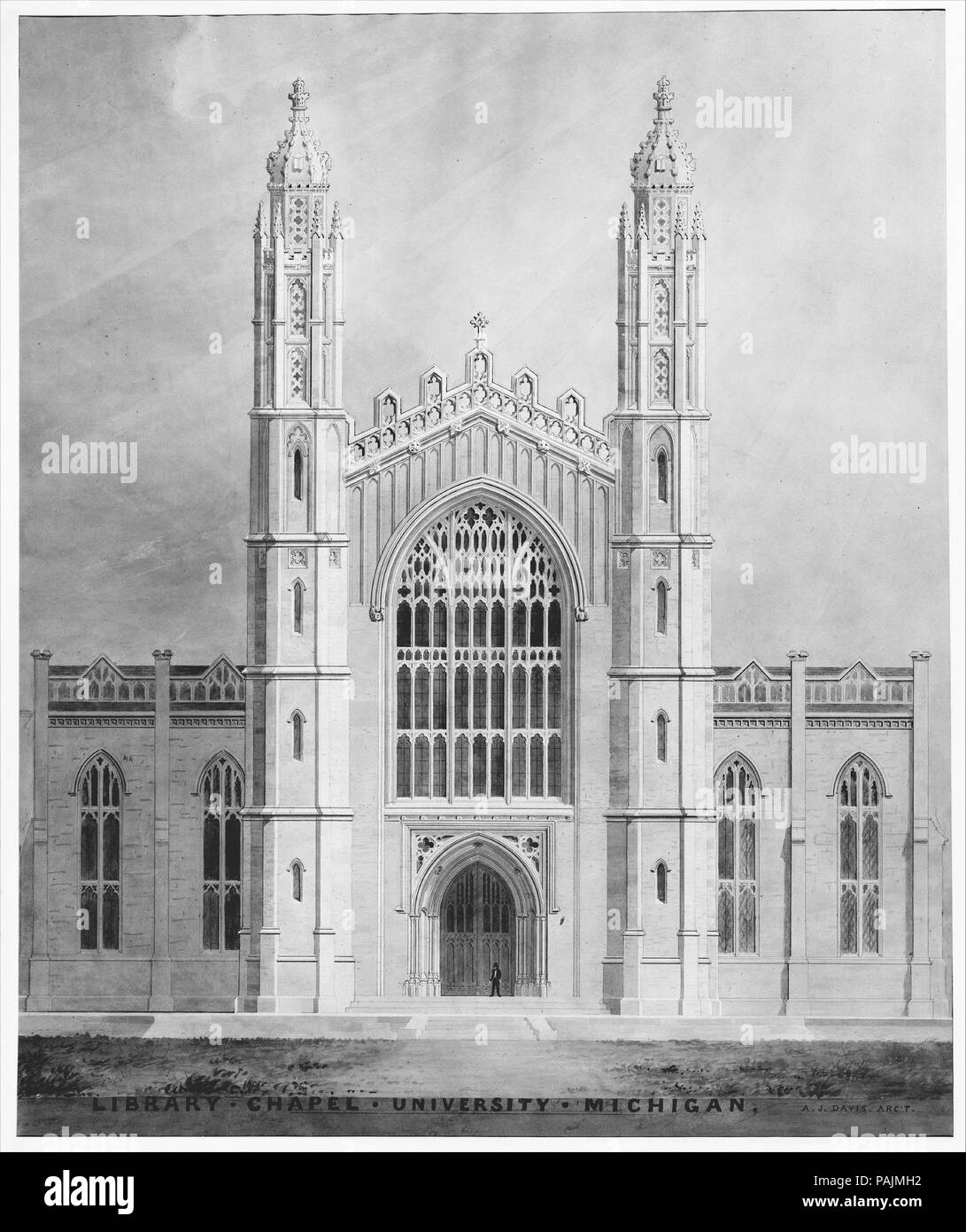 Bibliothek und Kapelle, der Universität von Michigan, Ann Arbor (Frontansicht). Artist: Alexander Jackson Davis (American, New York 1803-1892 West Orange, New Jersey). Maße: Blatt: 31 3/8 x 26 1/8 in. (79,7 x 66,4 cm). Datum: 1838-39. Museum: Metropolitan Museum of Art, New York, USA. Stockfoto