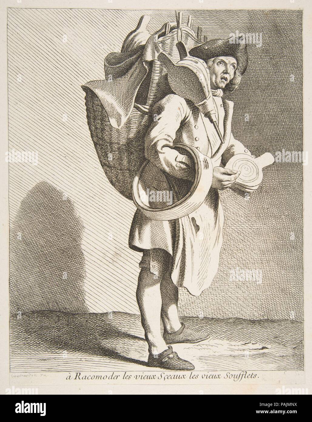 Reparatur von Dichtungen und Faltenbälge. Artist: Anne Claude Philippe de Tubières, comte de Caylus (Französisch, Paris 1692-1765 Paris); Nach Edme Bouchardon (Französisch, Chaumont 1698-1762 Paris). Maße: Blatt: 9 5/16 x 7 3/8 in. (23,6 x 18,7 cm) Bild: 8 15/16 x 7 5/16 in. (22,7 x 18,6 cm). Herausgeber: François Joullain (Französisch, Paris 1697-1778 Paris). Serie/Portfolio: Schreie von Paris: dritter Satz (Études Pries dans le Bas Peuple où les Cris de Paris: Troisième Suite). Datum: 1738. Museum: Metropolitan Museum of Art, New York, USA. Stockfoto
