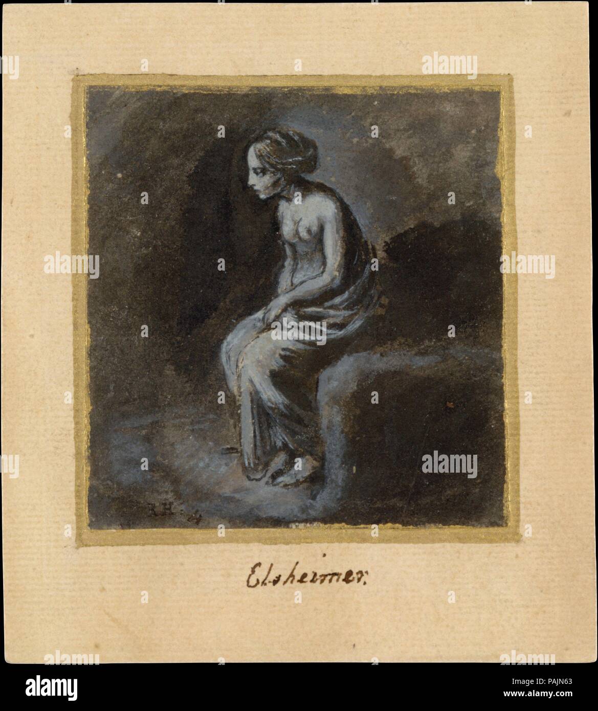 Sitzen junge Frau. Künstler: Adam Elsheimer (Deutsch, Frankfurt 1578-1610 Rom). Abmessungen: 2 15/16 x 2 13/16-in. (7,5 x 7,2 cm). Datum: Ende des 16. Anfang des 17. Jahrhunderts. Allein im Schatten sitzen, dieses teilweise drapiert junge Frau Batseba sein könnte, den König David, ausspioniert und verführt, oder Susanna, die Baden in ihrem Garten durch zwei lasziv Kirchenältesten gefangen wurde. Diminutive hier, erscheint sie enorm gefährdet. Adam Elsheimer war der am meisten Singular und einflussreichsten deutschen Künstler Dürer zu folgen. Es war vor allem die poetische Atmosphäre und die sorgfältige, Miniatur - wie Ausführung, als eine Stockfoto