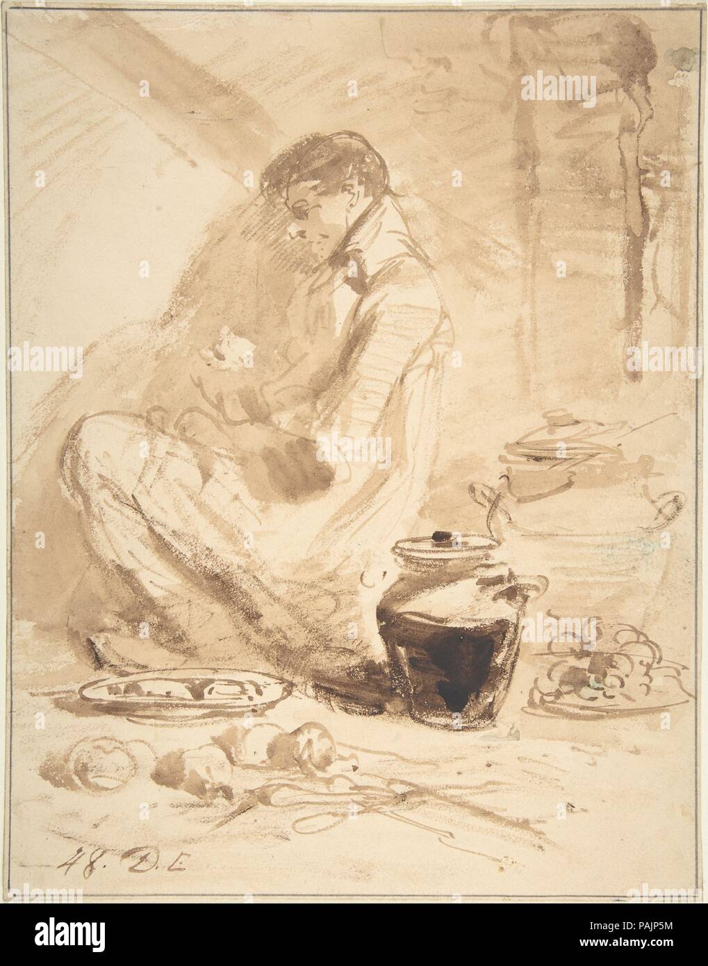 Mann sitzt auf dem Boden mit Gläsern und Essen. Artist: Anonyme, Briten, 19. Maße: Blatt: 11 9/16 in. X 9 in. (29,3 × 22,9 cm). Datum: 1848. Museum: Metropolitan Museum of Art, New York, USA. Stockfoto