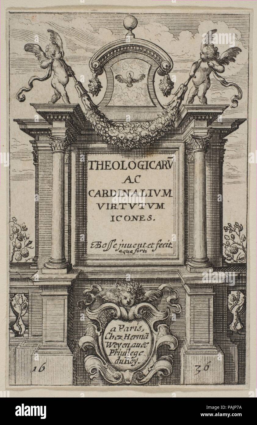 Frontispiz die theologische und Kardinaltugenden. Artist: Abraham Bosse (Französisch, Touren 1602/1604-1676 Paris). Abmessungen: Blatt (getrimmte): 2 7/8 x 1 7/8 in. (7,3 × 4,7 cm). Herausgeber: Herman Weyen (Flämisch, starb, Paris, 1672). Serie/Portfolio: Die Tugenden (Les Vertus). Datum: 1636. Museum: Metropolitan Museum of Art, New York, USA. Stockfoto