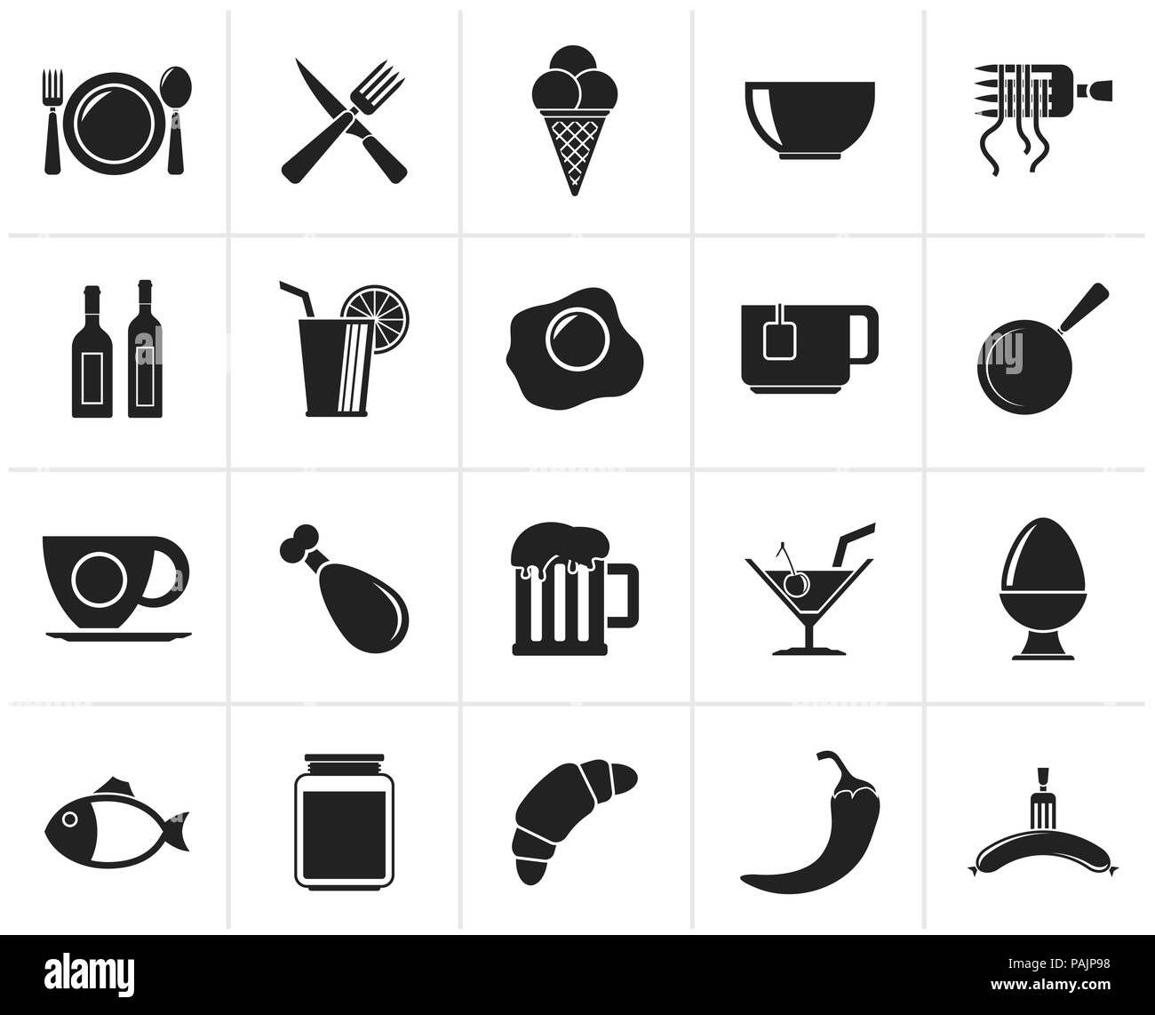 Schwarz Restaurant Essen, Trinken und Symbole - Vektor Icon Set Stock Vektor