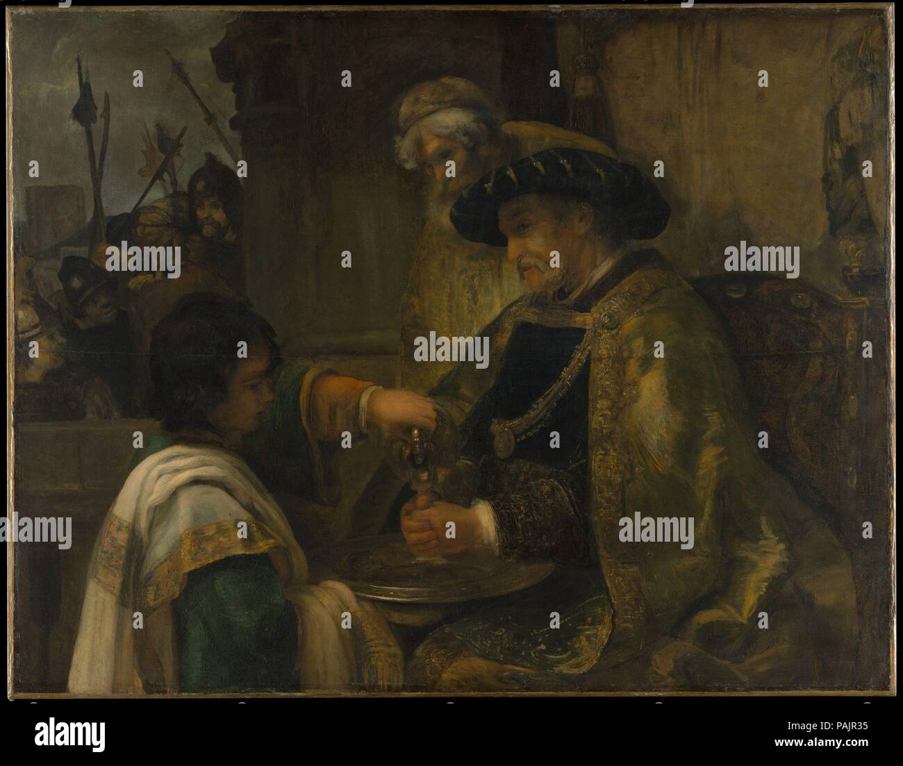 Pilatus wäscht seine Hände. Artist: Stil von Rembrandt (Niederländisch, 17. Jahrhundert). Abmessungen: 51 1/4 x 65 3/4 in. (130.2 x 167 cm). Datum: Wahrscheinlich 1660s. Kritische Meinungen von diesem Bild war sehr uneinheitlich seit etwa 1905, als Wilhelm von Bode bezeichnete es als "eine etwas ungewöhnliche Arbeit" von Rembrandt. Aber die meisten Gelehrten seit den 1940er Jahren die Malerei, auf das Jahr 1660 datiert und zugeordnet, um eine anonyme Schülerin. Die Zusammensetzung erinnert an reife Werke von Rembrandt, aber die Rembrandtesque Oberflächeneffekte Ausfallen alles wie Befehl des Meisters der Erleuchtung und Modellierung zu vermitteln. Stockfoto