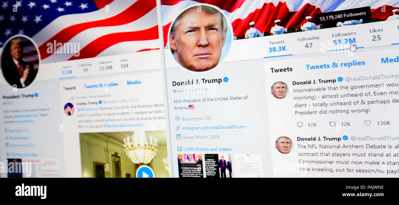 Brüssel, Belgien - 21. Juli 2018: Der offizielle Twitter Seiten @ und @ POTUS RealDonaldTrump von Donald J. Trumpf, 45. Präsident der USA. Stockfoto