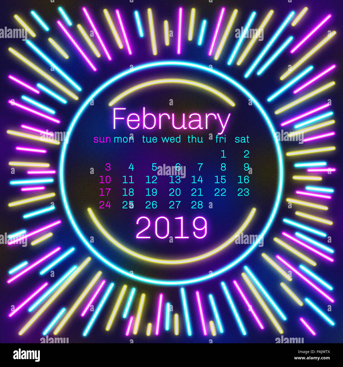 2019. Februar Kalender Seite in Neon-effekt style Poster für Konzept, Typografie, Design, flach Farbe. Woche beginnt am Sonntag ein Frohes Neues Jahr. Stockfoto
