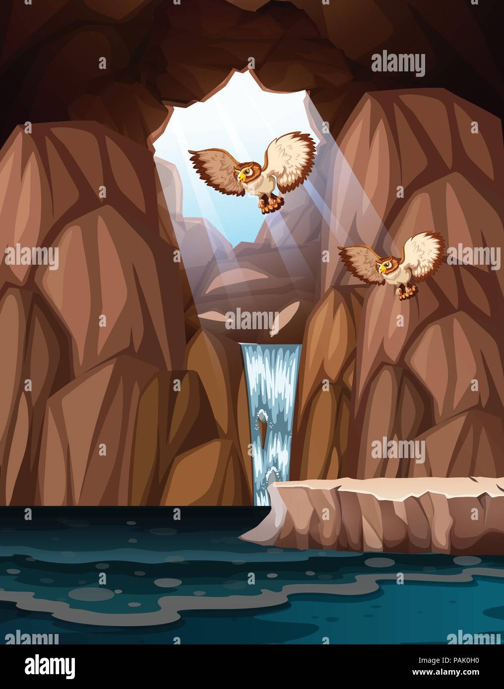 Höhle mit Wasserfällen und Eulen Abbildung Stock Vektor