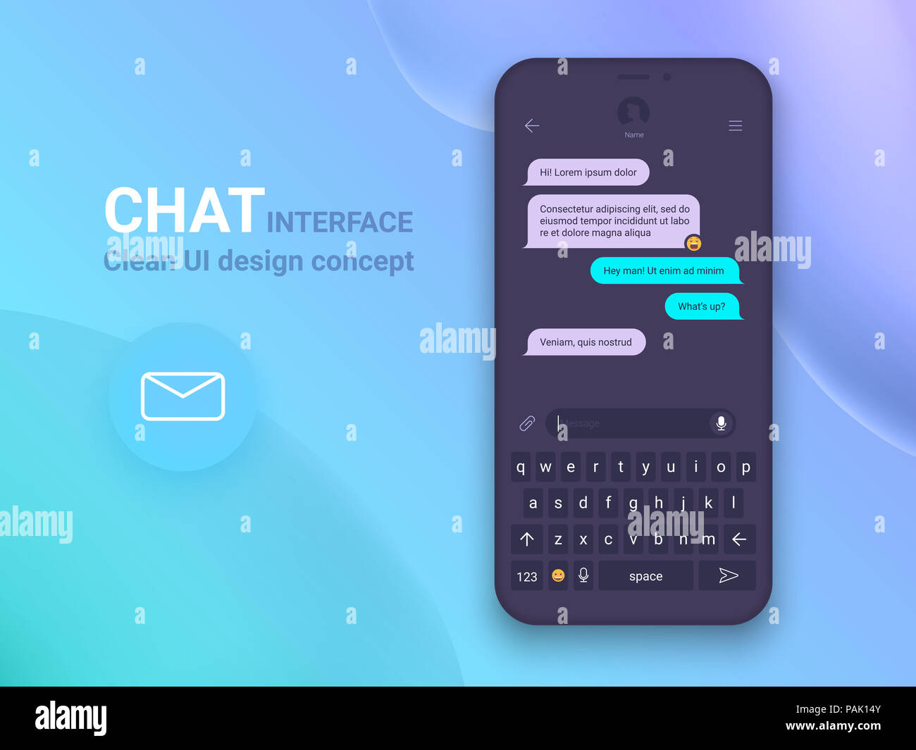 Chat Schnittstelle Anwendung mit Dialog Fenster. Clean Mobile UI Design Konzept. Sms Messenger. Flache Web Icons Stockfoto