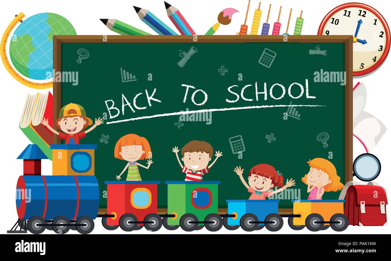 Zurück zu Schule auf blacboard mit Kindern am Bahnhof Abbildung: Stock Vektor