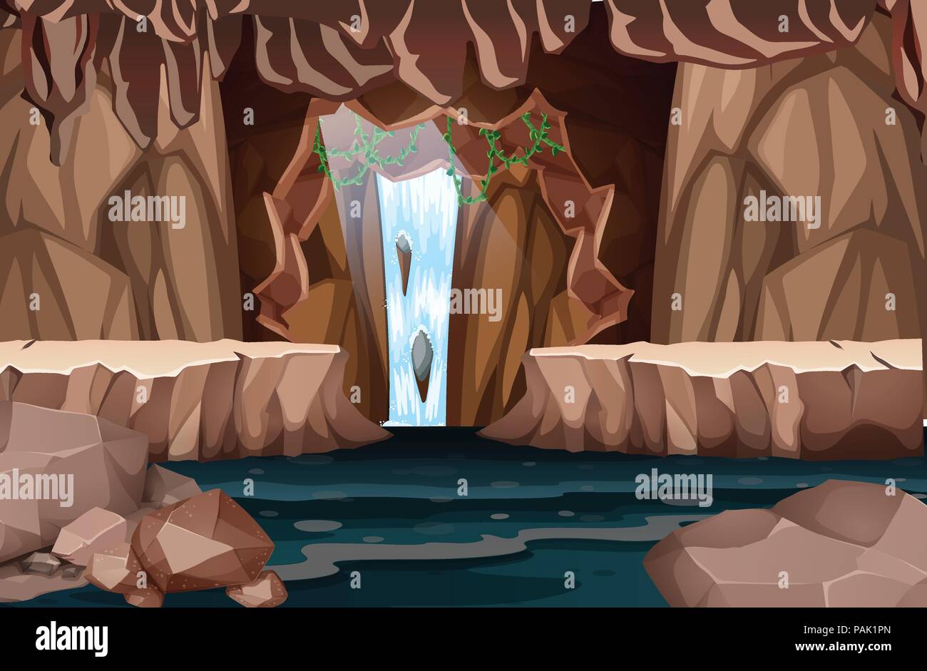Natürlicher Wasserfall Höhle Landschaft illustration Stock Vektor