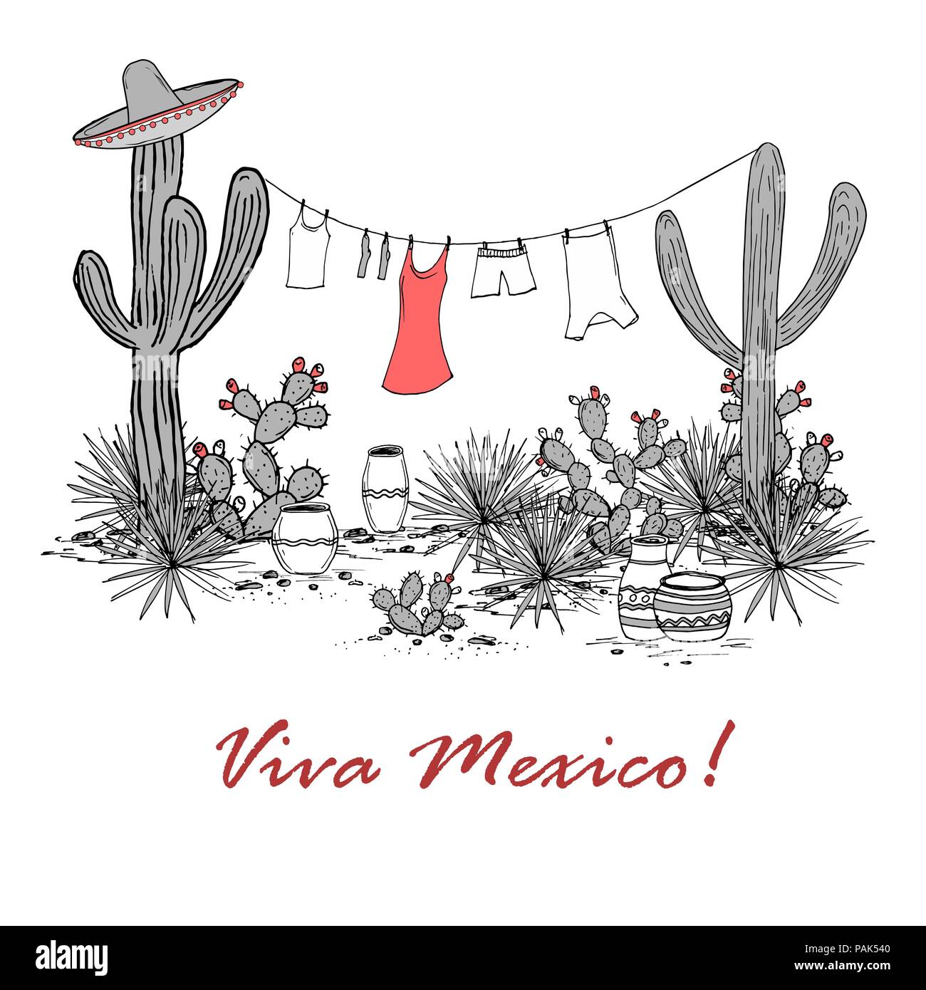 Lustig Hand gezeichnet illustraytion mit Gläsern, Blue Agave Feigenkaktus, und Wäsche aufhängen an einer Wäscheleine. Lateinamerikanischen Hintergrund. Mexikanische Landschaft Stock Vektor