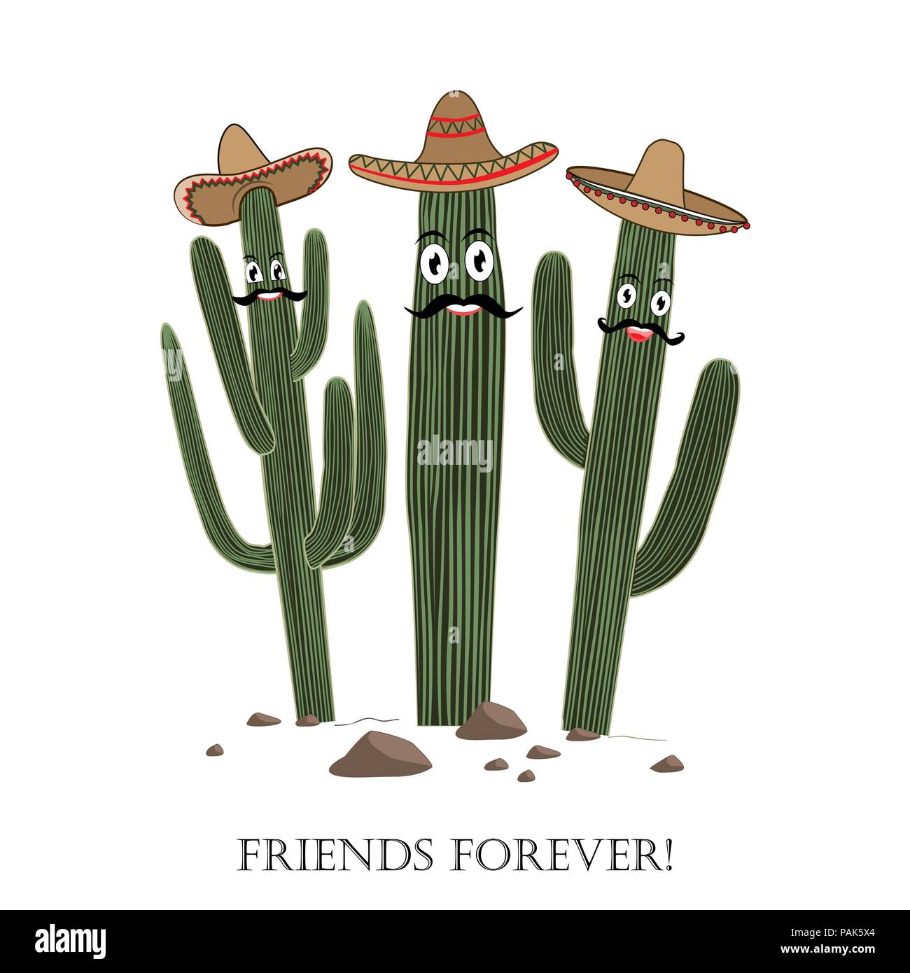 Drei niedlichen Cartoon Saguaro Kaktus in Sombrero Stock-Vektorgrafik -  Alamy