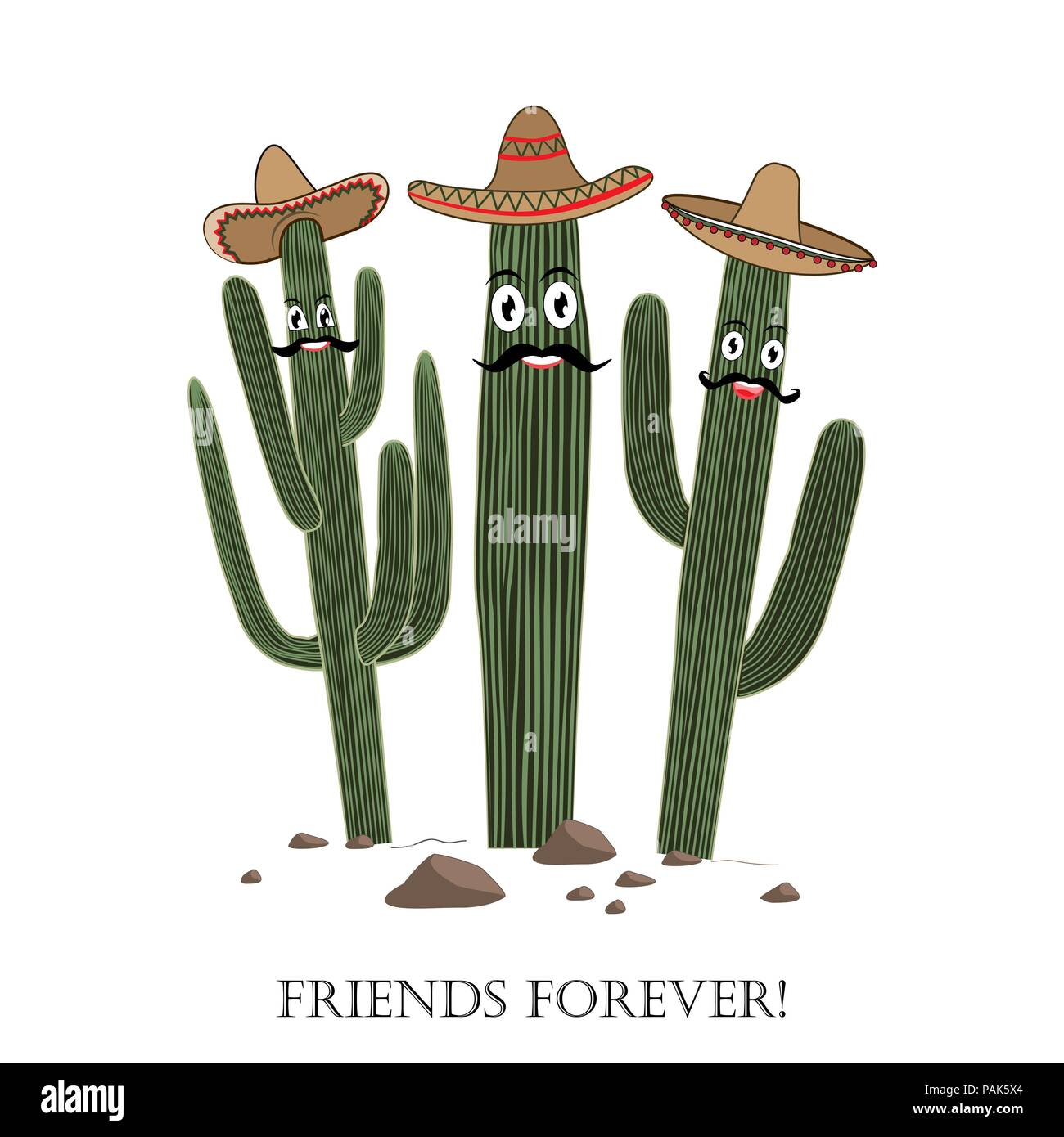 Drei niedlichen Cartoon Saguaro Kaktus in Sombrero. Stock Vektor