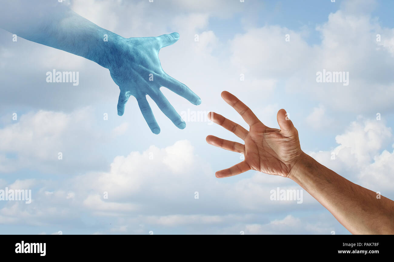Helfende Hand Konzept wie speichern Hände greifen Zueinander als Held Rettungs- und geistliche Hilfe Idee. Stockfoto