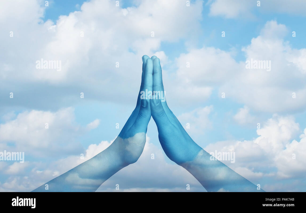 Meditation Konzept als Hände zusammen in einem betet oder Entspannung darstellen, da eine meditative oder Zustand des Zen Idee auf einem blauen Himmel. Stockfoto