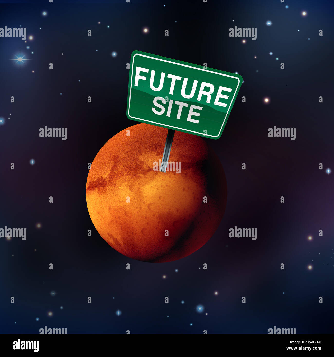 Leben auf dem Mars Konzept als zukünftige Mars Kolonie Website als Roter Planet Kolonisierung Astronomie Idee im Raum mit Sterne als 3D-Render. Stockfoto