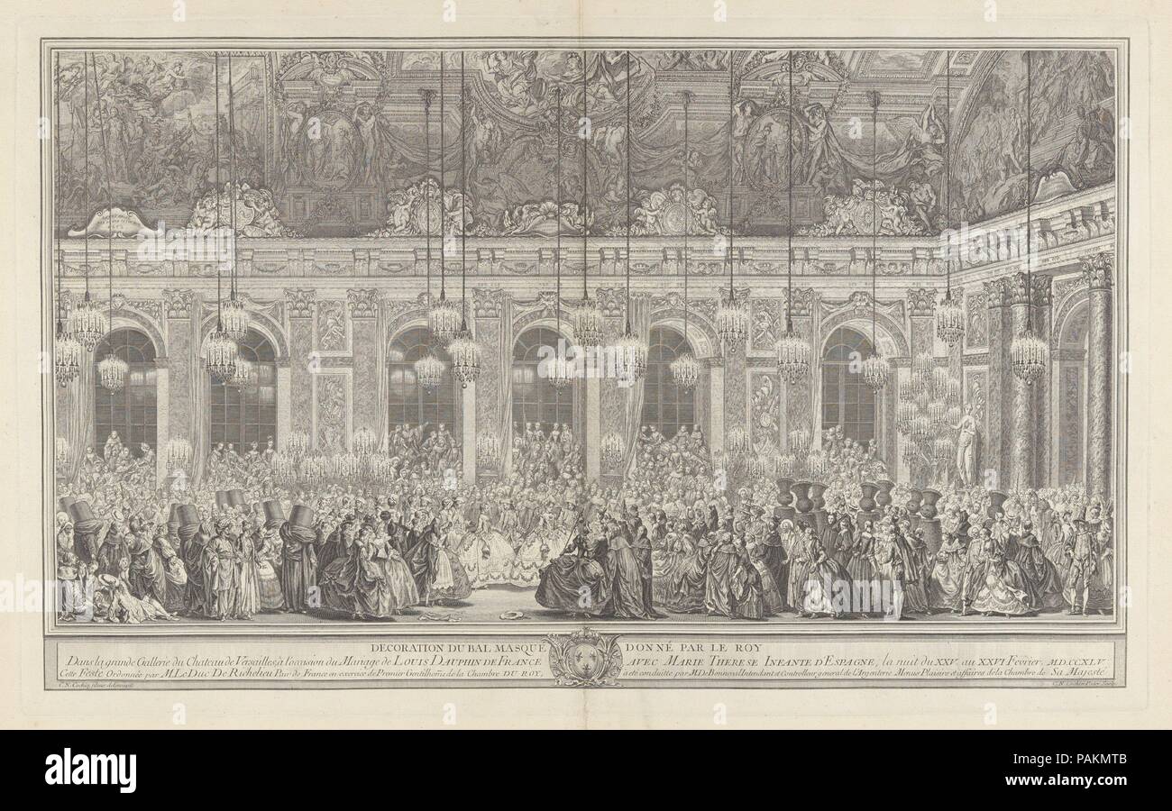 Dekoration für ein Maskenball in Versailles, anlässlich der Hochzeit von Ludwig, Dauphin von Frankreich, und Maria Theresia, Infantin von Spanien (Bal Masqué donné par le Roi, dans la Grande Galerie de Versailles, pour le Mariage de Dauphin, 1745). Artist: Nach Charles Nicolas II Cochin (Französisch, Paris 1715-1790 Paris); Charles Nicolas Cochin ICH (Französisch, Paris 1688-1754 Paris). Abmessungen: 18 3/4 x 30 1/4 in. (47,6 x 76,8 cm). Datum: Ca. 1860 Reprint von 1764. Im Jahre 1745 wurde die Ehe von Louis XV Sohn wurde gefeiert mit einem masqued Ball am königlichen Schloss in Versailles statt. Die Veranstaltung wurde afterw Stockfoto