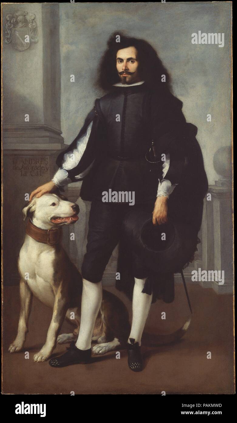 Don Andrés de Andrade y la Cal. Artist: Bartolomé de Esteban Murillo (Spanisch, Sevilla Sevilla 1617-1682). Abmessungen: 79 x 47 in. (200.7 x 119.4 cm). Datum: Ca. 1665-72. Don Andrés de Andrade y la Cal wurde <i> pertiguero</i> oder marschall von Prozessionen in der Kathedrale von Sevilla. Er erscheint in Schwarz gekleidet und ruht seine rechte Hand auf seine Dogge. Dies ist eine Formel, die sowohl von Tizian und Velázquez in ihren Porträts der spanischen Königsfamilie verwendet. Die Einstellung ist eine klassische Portikus - - Familie Wappen der Sitter der Waffen auf dem Steg auf der linken Seite. Das Bild zeugt von Murillo die Fähigkeit seine Porträts eine qu zu geben Stockfoto