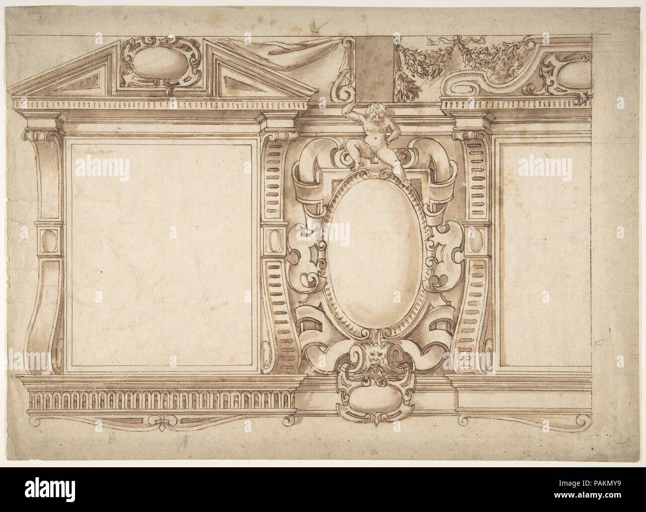 Design für die Innenwand mit Pedimented Nischen oder Windows, flankierende eine Kartusche. Artist: Anonyme, Italienisch, 16. bis 17. Jahrhundert. Abmessungen: 9-3/4 x 13-9/16 in. (24,8 x 34,4 cm). Datum: 1500-1700. Museum: Metropolitan Museum of Art, New York, USA. Stockfoto