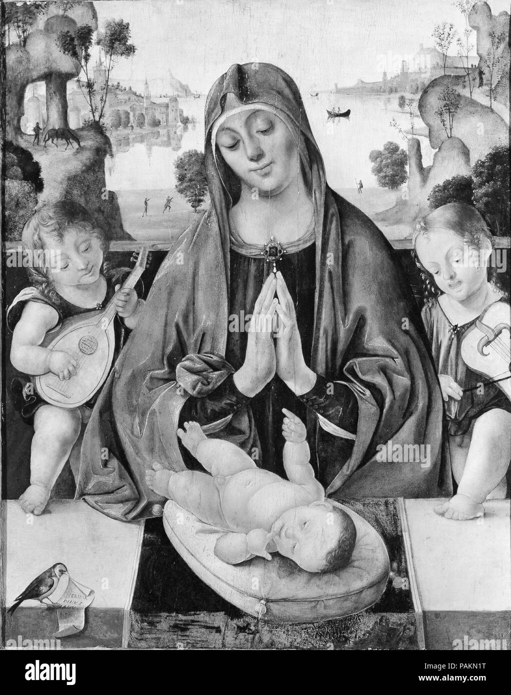 Madonna mit Kind und Engeln. Artist: Bernardino da Genua (Italienisch, Genuesen, im Jahr 1515 aktiv). Abmessungen: 29 3/8 x 22 5/8 in. (74,6 x 57,5 cm). Datum: 1515. Auch wenn das Bild signiert und datiert ist, wird die Identität des Künstlers ist nicht bekannt. Im 15. und frühen 16. Jahrhundert eine Reihe von Lombard Künstler zog nach Genua. Ein solcher Künstler war Bernardino Fasola, und es ist möglich, dass er ist der Autor von diesem Bild. Der Mut die perspektivische Verkürzung der Figur des Christus Kind erinnert an die Arbeit der Mailänder Bramantino. Der stieglitz ist ein gemeinsames Symbol des Leidens Christi. Museum: metropo Stockfoto