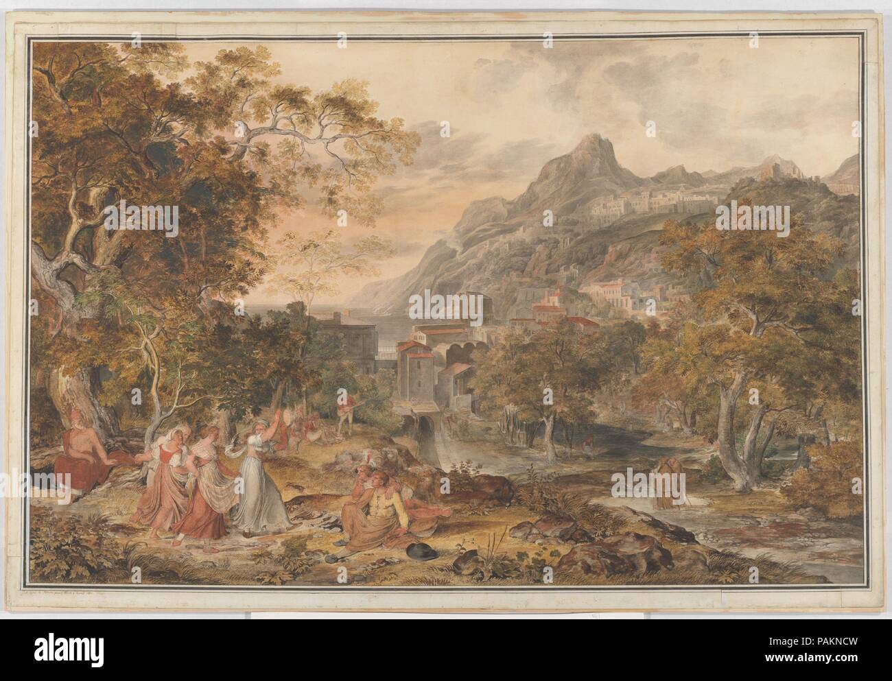 Anzeigen von Vietri mit Jungen Land Frauen tanzen für die Hirten in den Vordergrund. Artist: Joseph Anton Koch (Österreichische, Obergibeln bei Elbigenalp 1768-1839 Rom). Maße: Blatt: 24 5/16 x 37 3/8 in. (61,7 x 95 cm). Datum: 1800. Museum: Metropolitan Museum of Art, New York, USA. Stockfoto