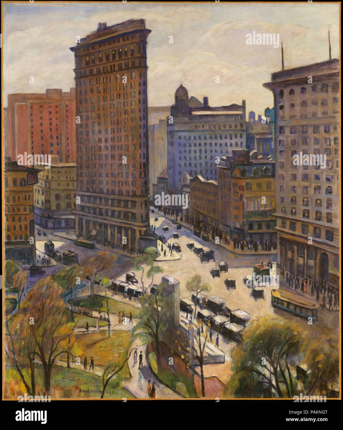 Das Flatiron Building. Artist: Samuel Halpert (Amerikanische, Bialystok, Russland 1884-1930 Detroit, Michigan). Abmessungen: 40 x 34 in. (101,6 x 86,4 cm). Datum: 1919. Halpert studierte bei Robert Henri 1912 an der progressiven Ferrer Zentrum auf der New Yorker Lower East Side (George Bellows war auch auf der Fakultät). Er wurde aktiv in verschiedenen modernistischen Organisationen, einschließlich der Gesellschaft unabhängiger Künstler und der Whitney Studio Club. Diese dynamische Gemälde von Flatiron Viertel von New York, am Rande des Madison Square Park, ist Vertreter der naturalistischen Arbeiten aus dem späten Teens. Y Stockfoto