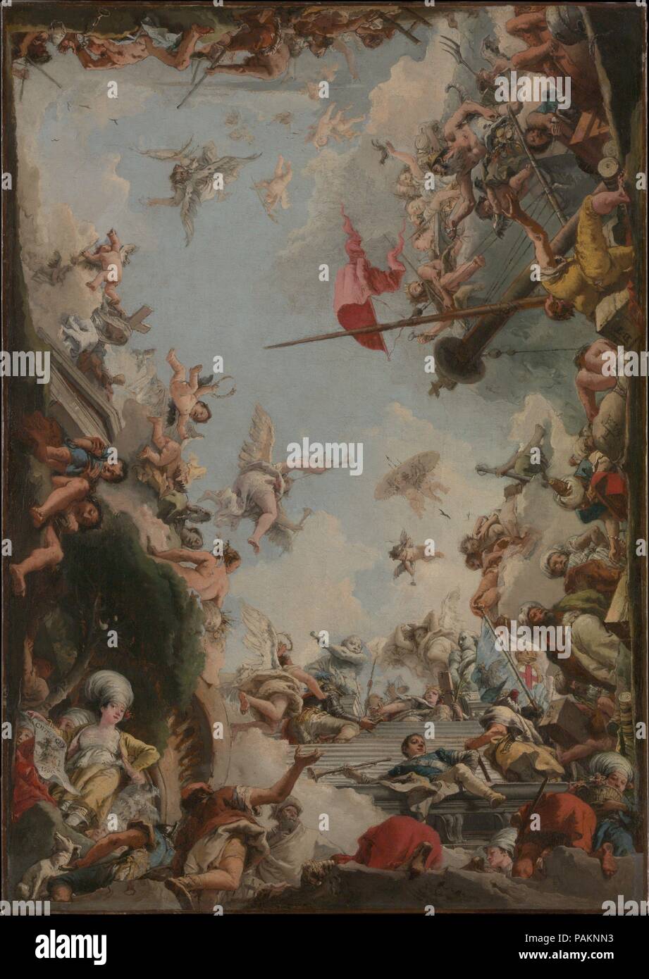 Die Verherrlichung der Giustiniani Familie. Artist: Giovanni Domenico Tiepolo (Italienisch, Venedig Venedig 1727-1804). Abmessungen: 46 x 32 1/2 in. (116,8 x 82,6 cm). Datum: 1783. Das vorliegende Modell ist für eine Obergrenze der Palazzo Ducale in Genua (zerstört). An der Spitze der Treppe Jacopo Giustiniani kniet vor eine Personifikation der Ligurischen Republik. Eine Frau in der linken Ecke stellt die Insel Chios; sie hält eine Schriftrolle mit den Initialen W. I. und 1562, in bezug auf einen sechzehnten Jahrhundert Gouverneur der Insel, Vincenzo Giustiniani. Die Zahlen in der orientalischen Kleid auf der rechten Seite deuten auf die Stockfoto