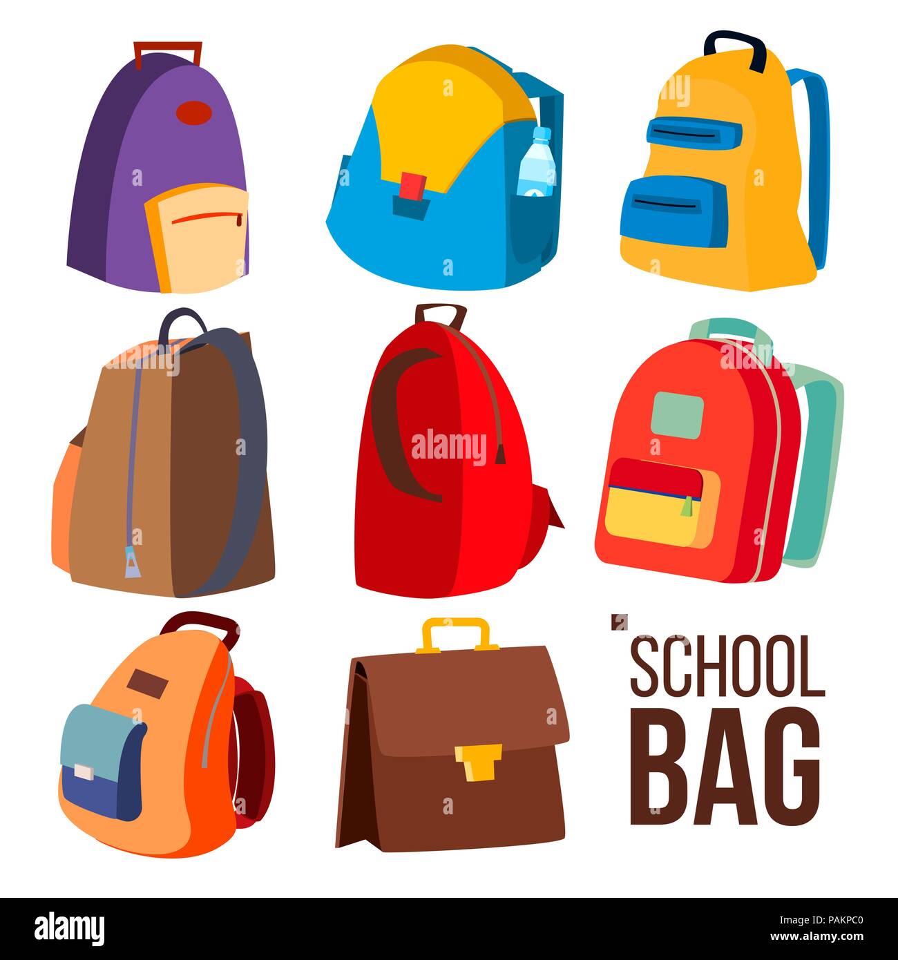 Schultasche Set Vektor. Verschiedene Arten, Blick. Schulkind, Kinder Rucksack Symbol. Bildung unterzeichnen. Zurück zu Schule. Isolierte flache Cartoon Illustration Stock Vektor