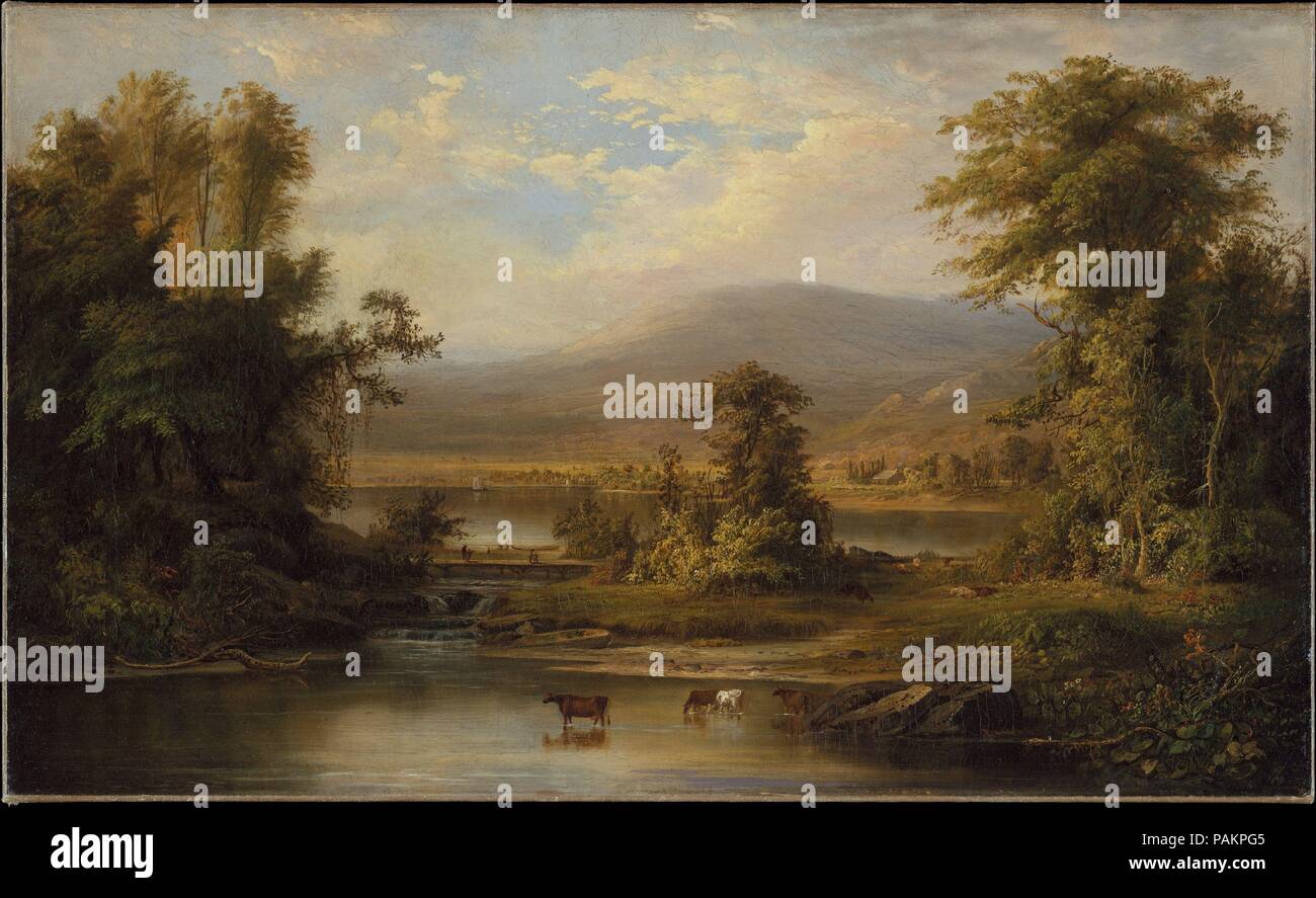 Landschaft mit Kühen Bewässerung in einen Bach. Artist: Robert S. Duncanson (1821-1872). Abmessungen: 21 1/8 x 34 1/2 in. (53,7 x 87,6 cm). Datum: 1871. In upstate New York frei geboren, der afrikanischen amerikanischen Duncanson einen internationalen Ruf für seine Hudson River School inspiriert Landschaften während des Bürgerkriegs Ära. Autodidakt, startete er seine Karriere im cinncinati, Ohio, wo er die Aufmerksamkeit der abolitionistischen Führer, die später seine Studie in Europa gefördert. Von 1861 Duncanson wurde in der amerikanischen Presse als "lobte die besten Landschaftsmaler im Westen." Auf dem Höhepunkt seiner Karriere Stockfoto