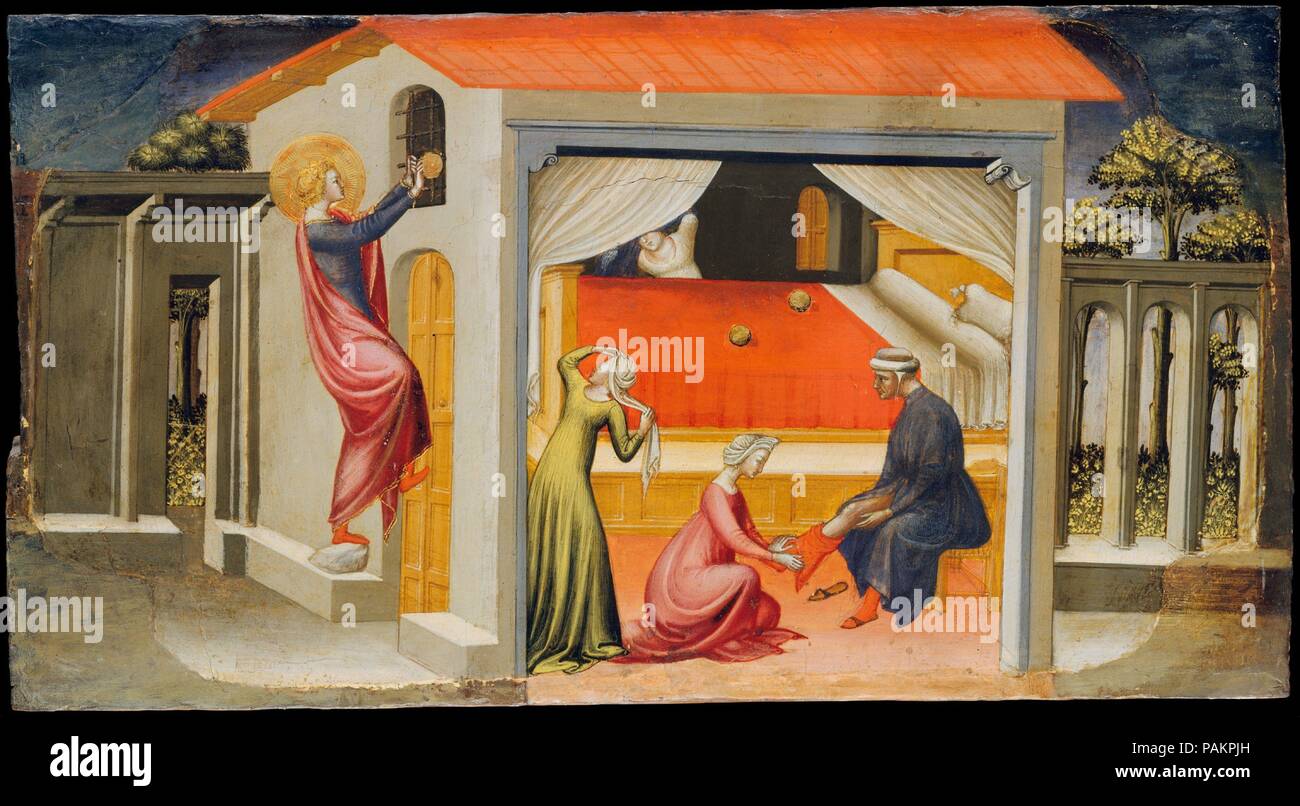 Sankt Nikolaus die Aussteuer. Artist:24 di Lorenzo (Italien, Florenz 1373-1452 Florenz). Abmessungen: 12 x 22 cm. (30,5 x 56,5 cm). Datum: 1433-35. In der Anfangsszene, Sankt Nikolaus, Bischof von Myra (270-343) - die Vorlage 'Saint Nick'-- angezeigt wird, werfen die drei Kugeln von Gold durch ein Fenster, die Mitgift der drei armen Mädchen. In den anderen Malerei er resuscitates drei Jugendlichen, die von einem Gastwirt gebeizt worden waren während einer Hungersnot (eine Geschichte von Benjamin Britten in seiner Kantate 1948 behandelt, <i>Sankt Nikolaus</i>). Die Panels bildeten die Basis (predella) eines Altaraufsatzes Stockfoto