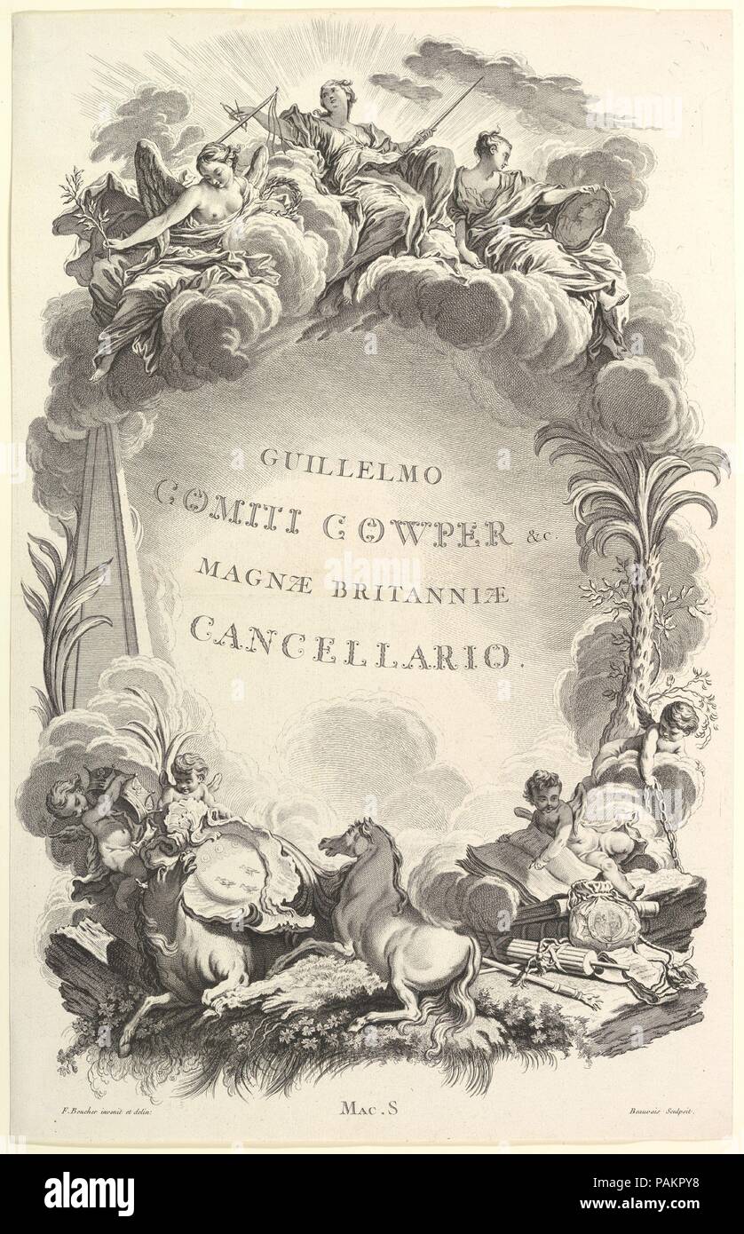 "Frontispice pour le Tombeau du Comte William Cowper" (Titelblatt aus dem Grab von William Cowper), von Saadiens des Princes, des Grands Capitaines et autres Hommes illustres (Gräber der Fürsten, Ritter und andere illustre Männer). Artist: Nachdem François Boucher (Französisch, Paris 1703-1770 Paris); Nicolas Dauphin de Beauvais (Frankreich, Paris 1687-1763 Paris). Autor: Eugene MacSwiny. Maße: Blatt: 25 11/16 x 16 7/16 in. (65,2 x 41,8 cm). Serie/Portfolio: Saadiens des Princes, des Grands et autres Hommes illustres Capitaines qui ont Fleuri dans la Grande Bretagne vers la fin du XVI. Stockfoto