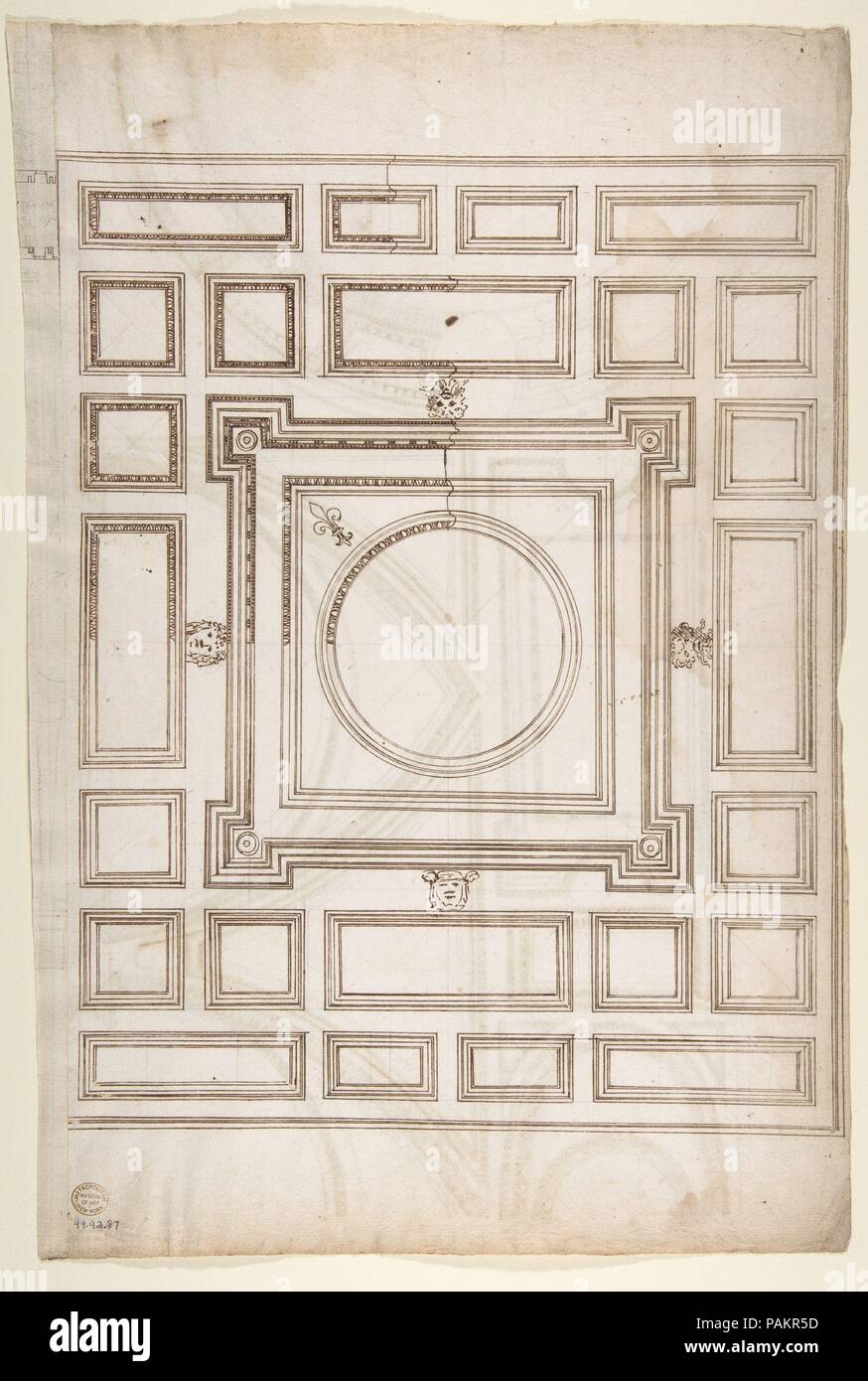 Nicht identifizierte, Decke plan (recto) Palazzo Farnese, Decke plan (verso). Maße: Blatt: 17 5/16 x 11 7/16 in. (43,9 x 29,1 cm). Verfasser der Stellungnahme: Gezeichnet von Anonym, Französisch, 16. Datum: Anfang bis Mitte des 16. Jahrhunderts. Museum: Metropolitan Museum of Art, New York, USA. Stockfoto