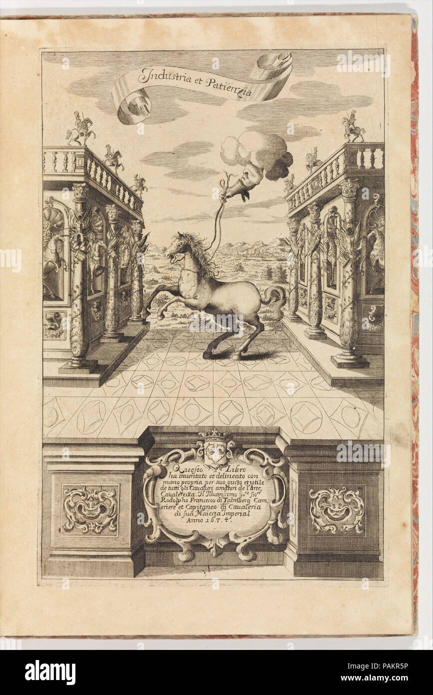 Album von Bit Designs. Kultur: Böhmische. Designer: Rudolf Franz Ferdinand von Talmberg (Böhmische, Ca. 1645-1702). Abmessungen: Umfasst: 14 1/2 x 9 3/4 in. (36,8 x 24,8 cm); Blätter: 14 1/4 x 9 1/2 in. (36,2 x 24,1 cm); Platten: ca. 12 1/4 in. x 4 in. (31,5 x 10 cm). Datum: 1674. Bücher für die verschiedenen Arten von Pferd Bits gebildet eine wichtige Kategorie reitsport Literatur, ein blühendes Genre aus dem sechzehnten durch den Achtzehnten Jahrhundert. Die Talmberg album ist ungewöhnlich, ohne Text (andere als die Widmung) und für die Präsentation der Bits für ihre Schönheit allein, und nicht nach Funktion. Stockfoto