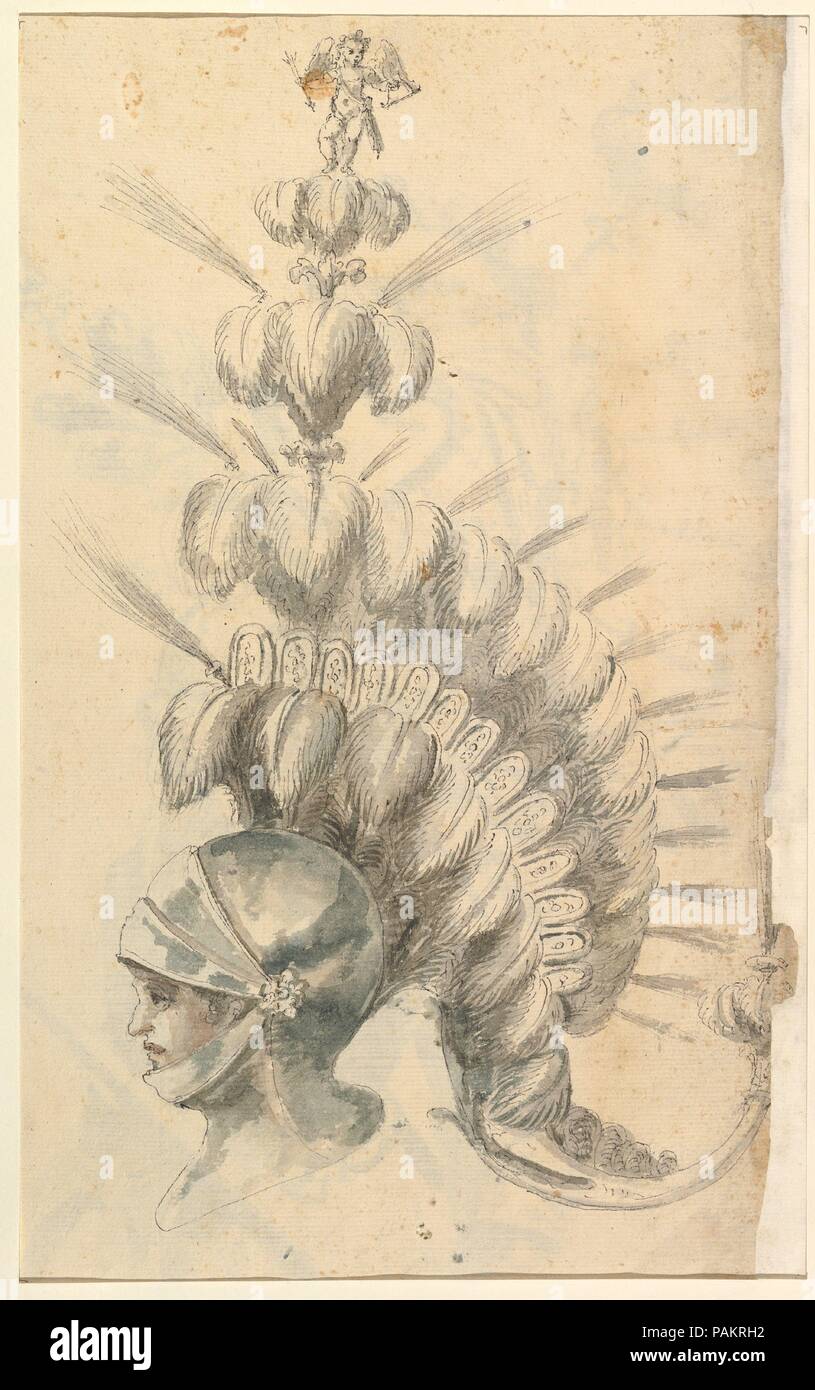 Design für ein Turnier mit Kopfbedeckung. Artist: Möglicherweise von Baccio del Bianco (Italien, Florenz 1604-1656 Escorial) (und Workshop). Maße: Blatt: 17 x 11 5/16 in. (43,2 x 28,7 cm). Datum: Ca. 1620-56. Seitliche Sicht auf ein Design für eine Rüstung Helm mit offenem Visier (nach links). Das Design des Helms selbst ist relativ einfach, aber es wurde eingerichtet mit einem aufwändigen Kopfbedeckung aus Reihen der Federn nach oben erreichen. Auf der Spitze des höchsten Plume ist ein kleines Bild von Amor mit Pfeil und Bogen. Museum: Metropolitan Museum of Art, New York, USA. Stockfoto