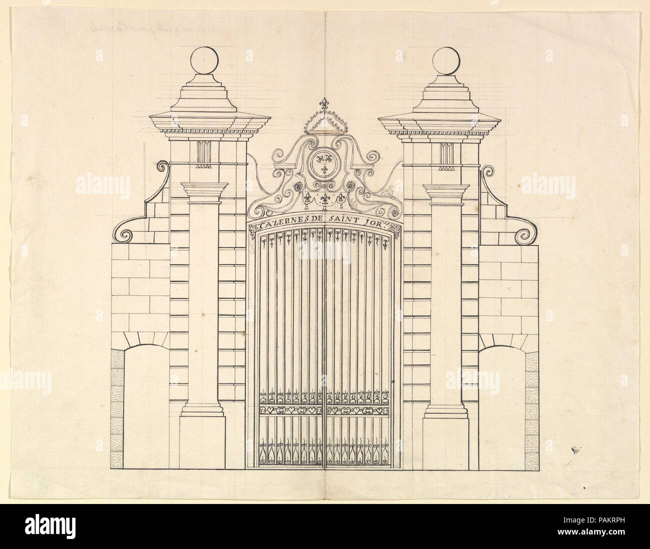 Design für ein Tor. Künstler: Anonym, Französisch, 18. Maße: Blatt: 12 1/4 x 15 1/2 in. (30,9 x 39,3 cm). Datum: 18. Museum: Metropolitan Museum of Art, New York, USA. Stockfoto