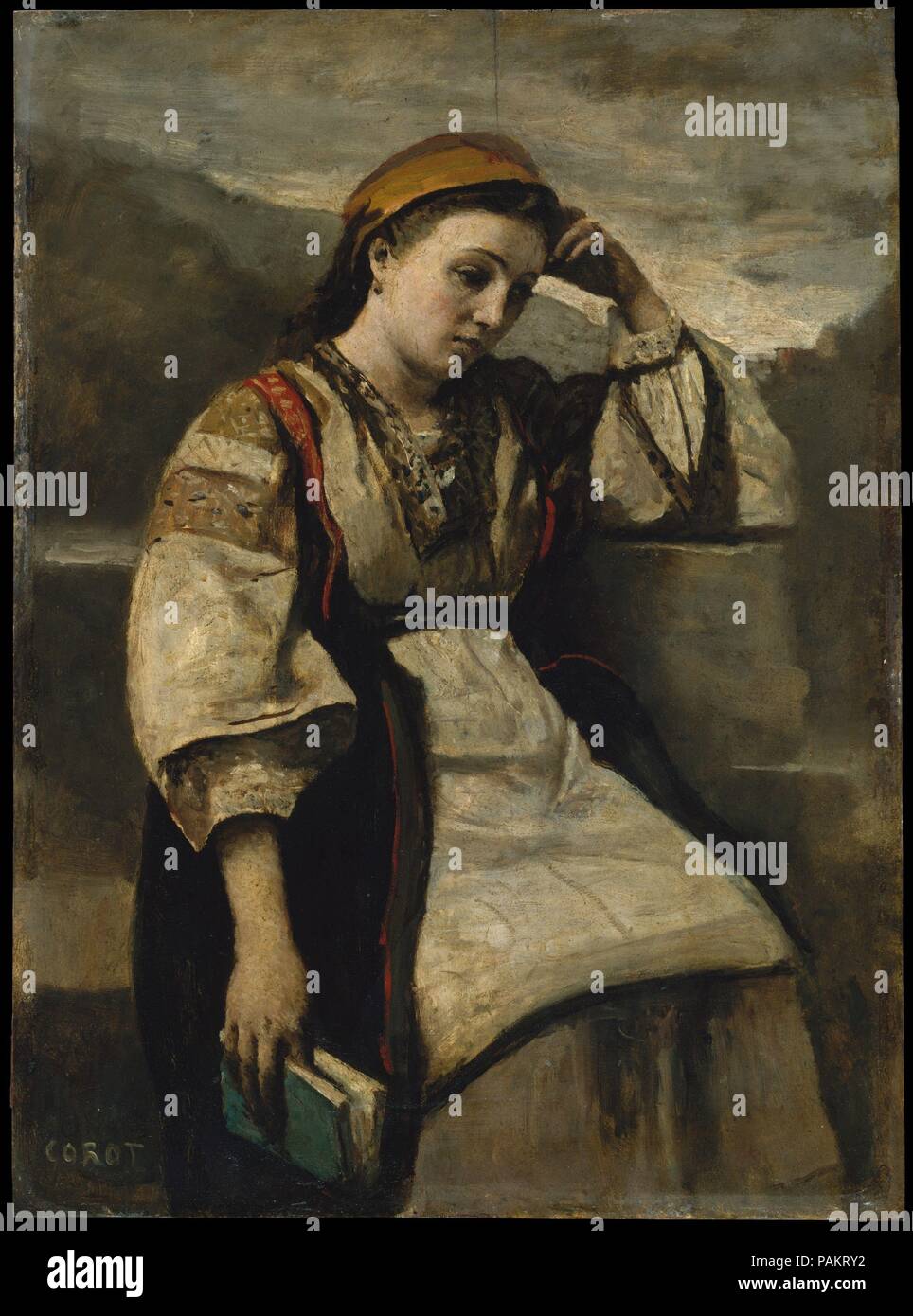 Träumerei. Artist: Camille Corot (Französisch, Paris 1796-1875 Paris). Abmessungen: 19 5/8 x 14 3/8 in. (49,8 x 36,5 cm). Datum: Ca. 1860-65. In den 1860er und 70er Jahre, Corot Häufig gestellte junge Arbeiterklasse Parisern in exotischen Kostümen, vielleicht erinnern an Bauern, die er in Italien in 1825-28 gemalt hatte. Die Einführung von Studio Requisiten, jedoch den späteren Werken mehr quadratisch situieren innerhalb der Tradition der Genremalerei. In dieser Arbeit, ausdrucksloses Gesicht des Modells lädt Spekulationen über ihren Zustand des Geistes, das Buch, das Sie vorübergehend aufgehört hat zu lesen, und die Tenebrous Himmel. Museum: Metropolitan Museum der Kunst Stockfoto Träumerei. Artist: Camille Corot (Französisch, Paris 1796-1875 Paris). Abmessungen: 19 5/8 x 14 3/8 in. (49,8 x 36,5 cm). Datum: Ca. 1860-65. In den 1860er und 70er Jahre, Corot Häufig gestellte junge Arbeiterklasse Parisern in exotischen Kostümen, vielleicht erinnern an Bauern, die er in Italien in 1825-28 gemalt hatte. Die Einführung von Studio Requisiten, jedoch den späteren Werken mehr quadratisch situieren innerhalb der Tradition der Genremalerei. In dieser Arbeit, ausdrucksloses Gesicht des Modells lädt Spekulationen über ihren Zustand des Geistes, das Buch, das Sie vorübergehend aufgehört hat zu lesen, und die Tenebrous Himmel. Museum: Metropolitan Museum der Kunst Stockfoto