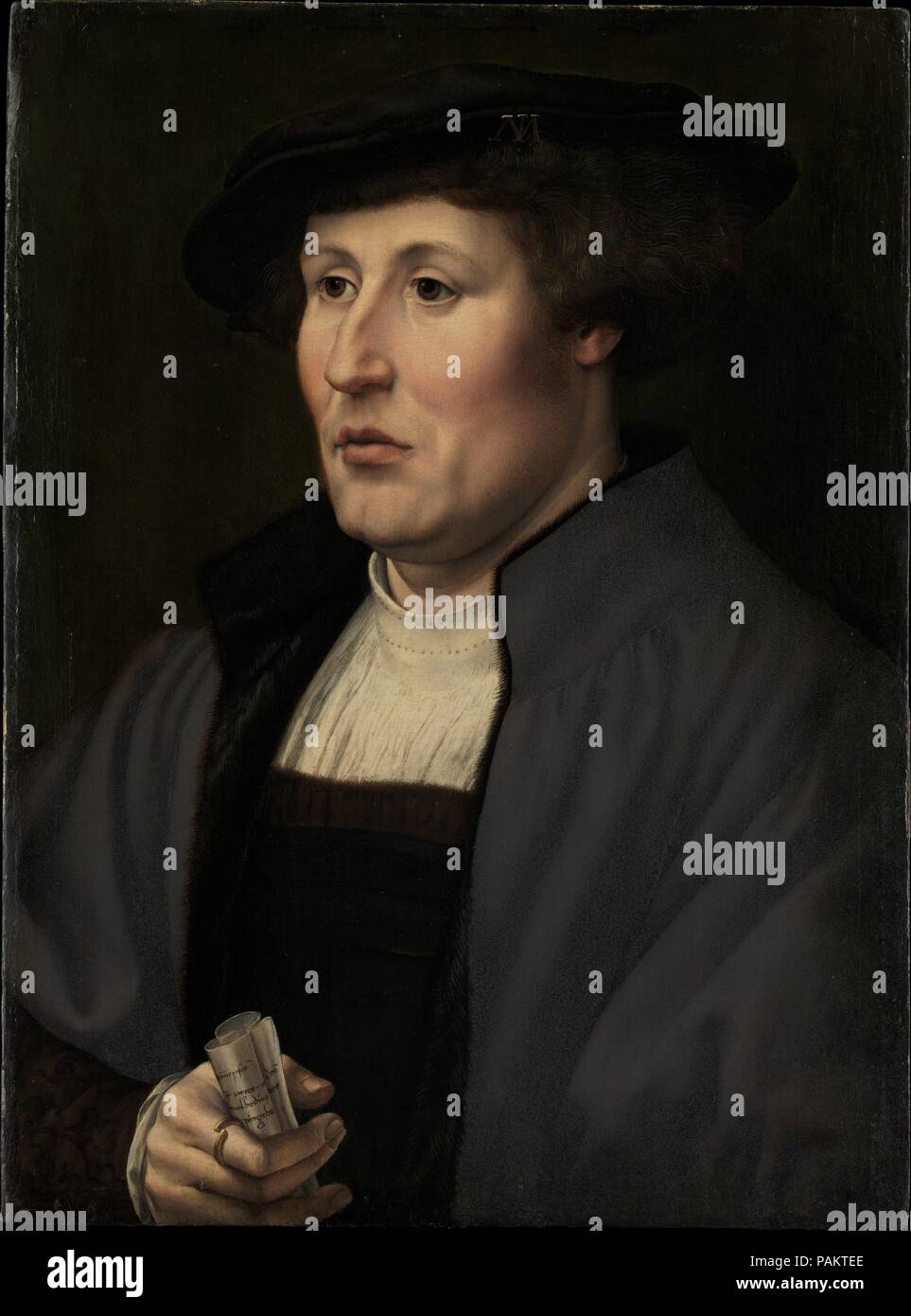 Porträt eines Menschen. Artist: Jan Gossart (genannt Mabuse) (Niederländischen, Maubeuge Ca. 1478-1532 Antwerpen (?)). Abmessungen: 18 1/2 x 13 3/4 in. (47 x 34,9 cm). Datum: Ca. 1520-25. Dies ist die einzige unabhängige Portrait von Gossart, unterzeichnet ist; das Buch liest, "Joannes Malbodius pingebat." Die Dame auf der linken Seite in einem drei-viertel Anzeigen gegen einen dunklen Hintergrund ausgeschaltet wird, ein Format, das leitet sich von der früheren Porträts Tradition von Jan van Eyck, Hans Memling. Wie seine Vorgänger, Gossart aufmerksam zu winzigen Details wie die Stoppeln der Bart und die individuell bemalt Stockfoto