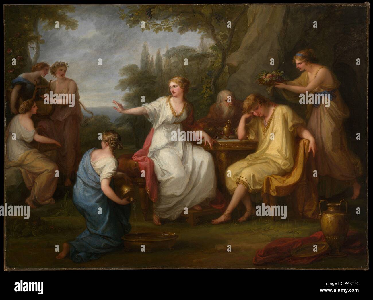 Den Schmerz des Telemachos. Künstler: Angelica Kauffmann (Schweiz, Chur 1741-1807 Rom). Abmessungen: 32 3/4 x 45 in. (83,2 x 114,3 cm). Datum: 1783. Angelica Kauffmann wurde in der Schweiz geboren, aber Ihr Ruf in Italien und England, wo Sie war Gründungsmitglied der Royal Academy. In Rom Sie besucht die anspruchsvollen intellektuellen Kreis von Winckelmann und Mengs. Diese Bilder wurden gemalt für Monsignore Onorato Caetani kurz nach Kauffmann siedelten sich in Rom, im Jahr 1782. Die Themen sind von fénelon's Romantik Télémaque, erstmals im Jahre 1699 veröffentlicht. In einem Bild Telemachus und seine Co Stockfoto Den Schmerz des Telemachos. Künstler: Angelica Kauffmann (Schweiz, Chur 1741-1807 Rom). Abmessungen: 32 3/4 x 45 in. (83,2 x 114,3 cm). Datum: 1783. Angelica Kauffmann wurde in der Schweiz geboren, aber Ihr Ruf in Italien und England, wo Sie war Gründungsmitglied der Royal Academy. In Rom Sie besucht die anspruchsvollen intellektuellen Kreis von Winckelmann und Mengs. Diese Bilder wurden gemalt für Monsignore Onorato Caetani kurz nach Kauffmann siedelten sich in Rom, im Jahr 1782. Die Themen sind von fénelon's Romantik Télémaque, erstmals im Jahre 1699 veröffentlicht. In einem Bild Telemachus und seine Co Stockfoto