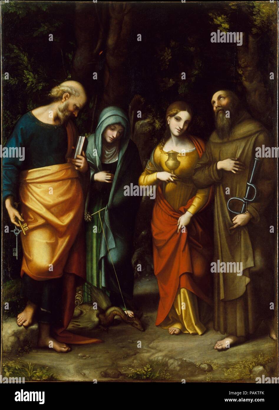 Die heiligen Petrus, Martha, Maria Magdalena, und Leonard. Künstler: Correggio (Antonio Allegri) (Italienisch, Correggio, aktiv von 1514 - gestorben 1534 Correggio). Abmessungen: 87 1/4 x 63 3/4 in. (221,6 x 161,9 cm). Datum: Ca. 1515. Dies ist ein frühes Werk von einem der originellsten Genies der Renaissance. Für eine Kirche in Correggio Heimatstadt beauftragt, es zeigt vier Heiligen von dem Patron, Melchiore Fassi: Petrus mit seinem Schlüssel; Martha, ihre Drachen; Maria Magdalena, ihre Salbe, und Leonard, mit seinen Fesseln. Jede steht separat, in seine eigenen Gedanken versunken. In diesem Altarbild, Kor Stockfoto