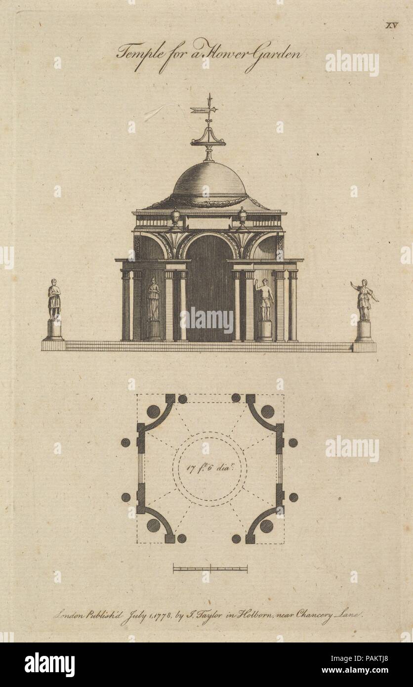 Tempel für einen Blumengarten. Artist: Sir John Soane (Briten, Goring-on-Thames (?) 1753-1837 London). Abmessungen: Platte: 7 15/16 x 4 15/16 in. (20,2 x 12,5 cm) Blatt: 9 7/16 x 6 7/8 in. (23,9 x 17,5 cm). Herausgeber: J.Taylor (London). Datum: 1778. Museum: Metropolitan Museum of Art, New York, USA. Stockfoto