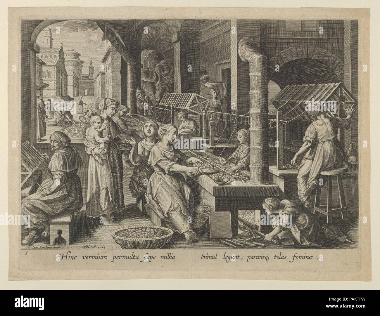 Der Reeling aus Seide, Platte 6 von "Die Einführung des Silkworm" [ Vermis Sericus]. Artist: Karel van Mallery (Niederländischen, Antwerpen, 1571 - nach 1635 Antwerpen); Nach Jan van der Straet, genannt Stradanus (Niederländischen, Brügge 1523-1605 Florenz). Maße: Blatt: 7 3/16 x 10 9/16 in. (18,3 × 26,8 cm). Herausgeber: Philips Galle (Niederländischen, Haarlem 1537-1612 Antwerpen). Datum: Ca. 1595. 6. Die Platte aus der Serie Sericus Vermis, gestochen von Karel van Mallery, nachdem Jan van der Straet, genannt Stradanus, und von Philips Galle um 1595 veröffentlicht. Abbildung: eine Fabrik, wo Seide - Haspel Stockfoto