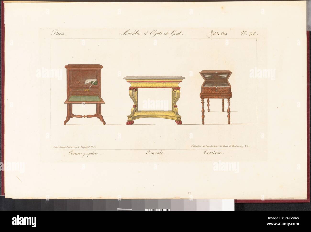 Meubles et Objets de Goût. Thema: Geschrieben und durch Coüet bearbeitet werden. Abmessungen: Insgesamt: 16 9/16 x 11 5/8 x 11/16 in. (42,1 x 29,5 x 1,8 cm). Herausgeber: Herausgegeben von Pierre de La Mésangère (Französisch, Pontigné 1761-1831 Paris). Erschienen in: Paris. Datum: [1802-31]. Museum: Metropolitan Museum of Art, New York, USA. Stockfoto