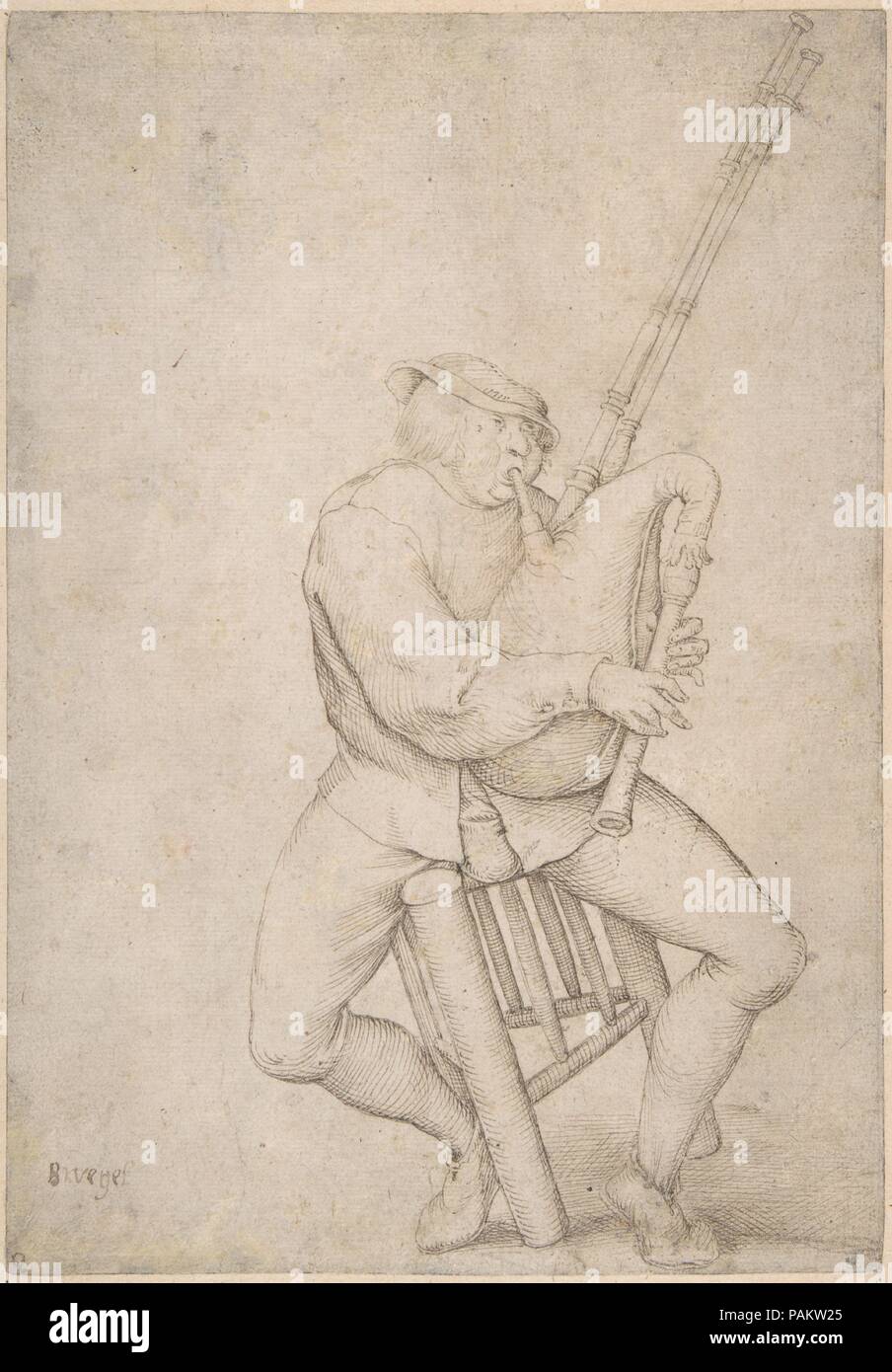 Sitzt man, Balancierte, spielt Dudelsack. Artist: nach Pieter Brueghel der Ältere (Niederländischen, Breda (?) Ca. 1525-1569 Brüssel); Anonym, Niederländischen, 16. Abmessungen: 11 x 7 11/16 in. (28 x 19,5 cm). Datum: 16. Museum: Metropolitan Museum of Art, New York, USA. Stockfoto