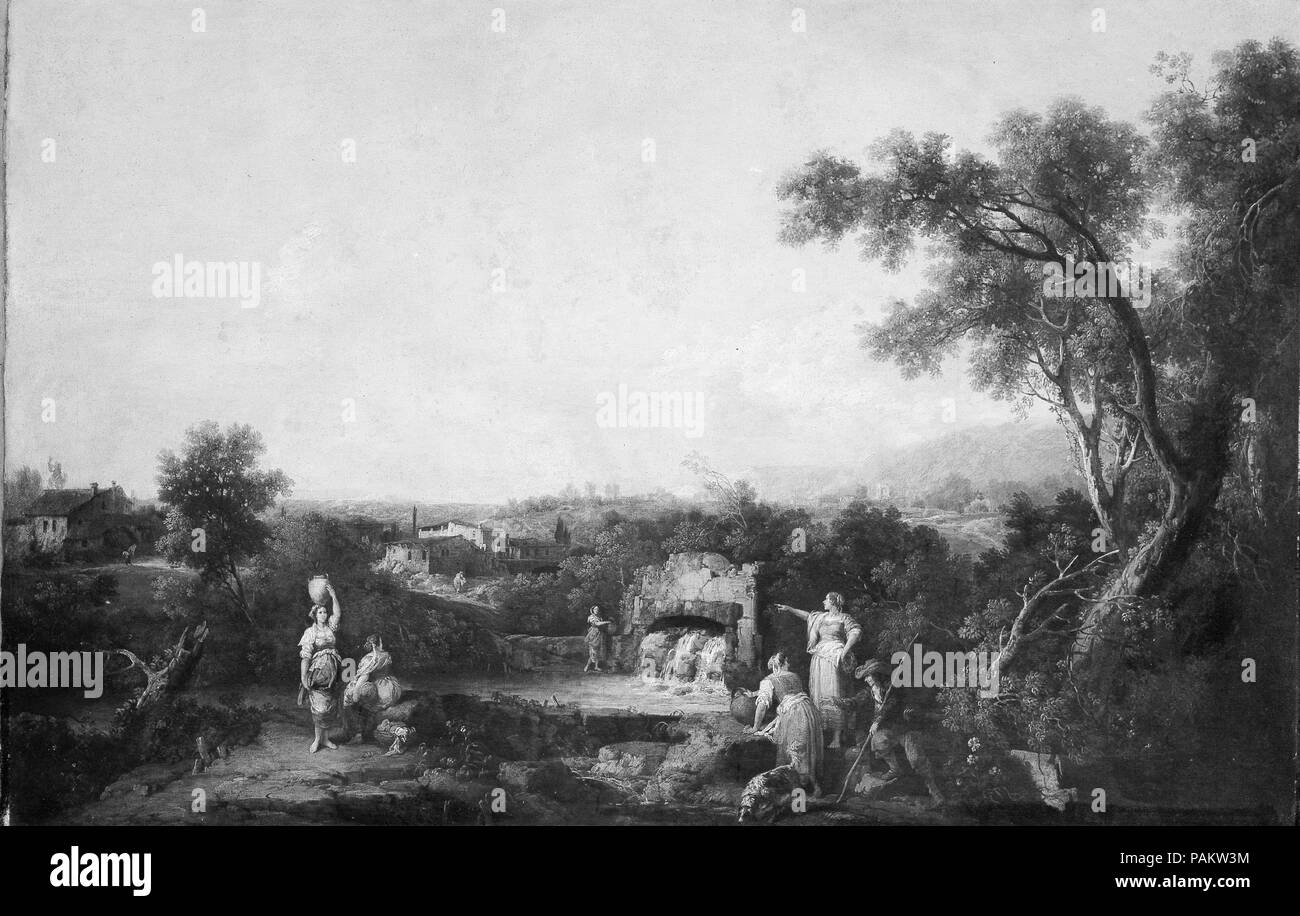 Landschaft mit Bauern an einem Brunnen. Artist: Francesco Zuccarelli (Italienisch, Pitigliano 1702-1788 Florenz). Abmessungen: 31 1/4 x 47 1/2 in. (79,4 x 120,7 cm). Museum: Metropolitan Museum of Art, New York, USA. Stockfoto