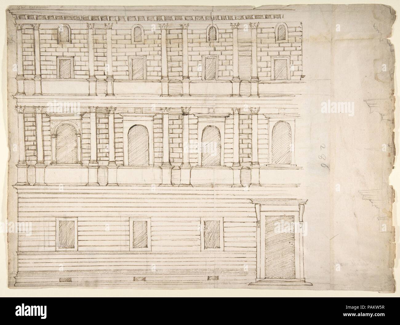 Palazzo Giroud Torlioni, Höhe, Gesims Details (recto) Berechnung Tabelle (verso). Maße: Blatt: 17 5/8 x 12 15/16 in. (44,8 x 32,8 cm). Verfasser der Stellungnahme: Gezeichnet von Anonym, Französisch, 16. Datum: Anfang bis Mitte des 16. Jahrhunderts. Museum: Metropolitan Museum of Art, New York, USA. Stockfoto