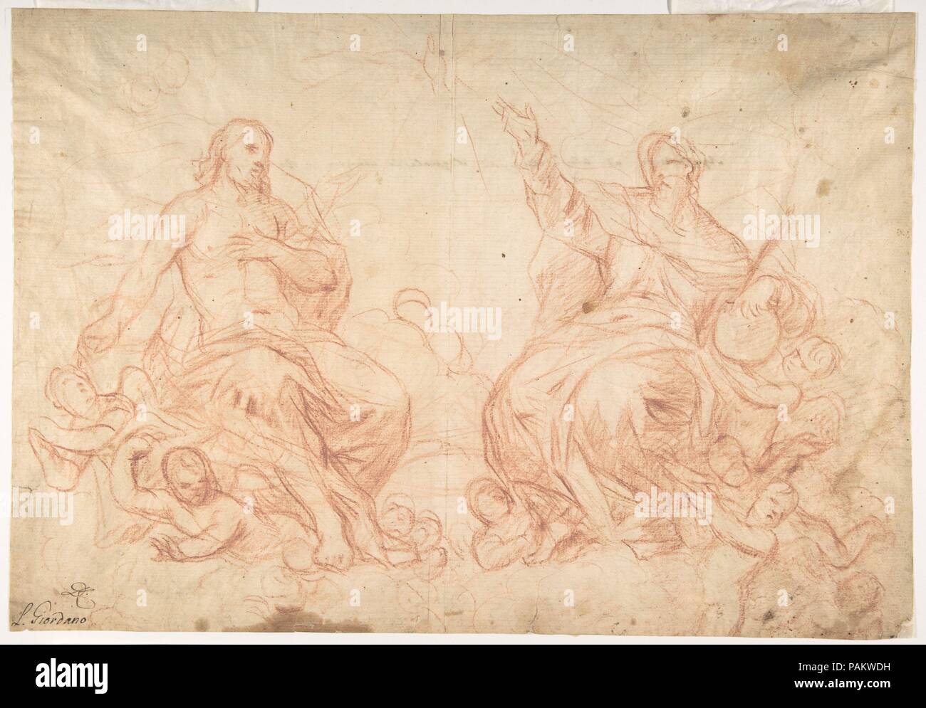 Die Heilige Dreifaltigkeit (recto); Studium der sitzenden weiblichen Figuren (die Jungfrau und ein anderer Heiliger?) (verso). Artist: Luca Giordano (Italien, Neapel Neapel 1634-1705). Abmessungen: 10 1/2 x 15 1/8 in. (26,6 x 38,4 cm). Datum: 1634-1705. Museum: Metropolitan Museum of Art, New York, USA. Stockfoto