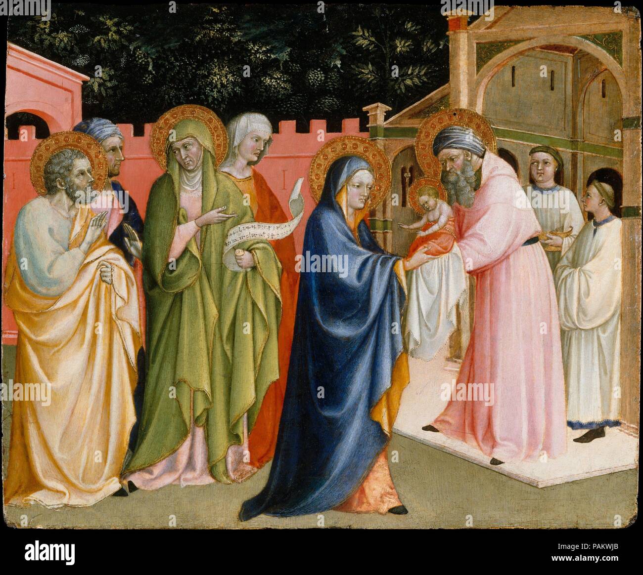 Die Darstellung im Tempel. Artist: Alvaro Pirez (Portugiesisch, Évora, aktive 1411-34 Italien). Abmessungen: 13 3/8 x 15 7/8 in. (34 x 40,3 cm). Datum: Ca. 1430. In Übereinstimmung mit dem jüdischen Ritus der Läuterung, vierzig Tage nach der Geburt nahm Maria Jesus in den Tempel; der alte Prophetin Anna (mit einem Bildlauf) erkennt ihn als den Erlöser Israels. Das Panel wird von der Basis (predella) eines komplexen Altarbild, die für eine Kirche in Pisa gemalt wurde, vielleicht von 1405-15. Die Qualität ist besser als die der meisten der Gemälde von Alvaro Pirez, eine portugiesische Maler aktiv in der Toskana. Cl Stockfoto