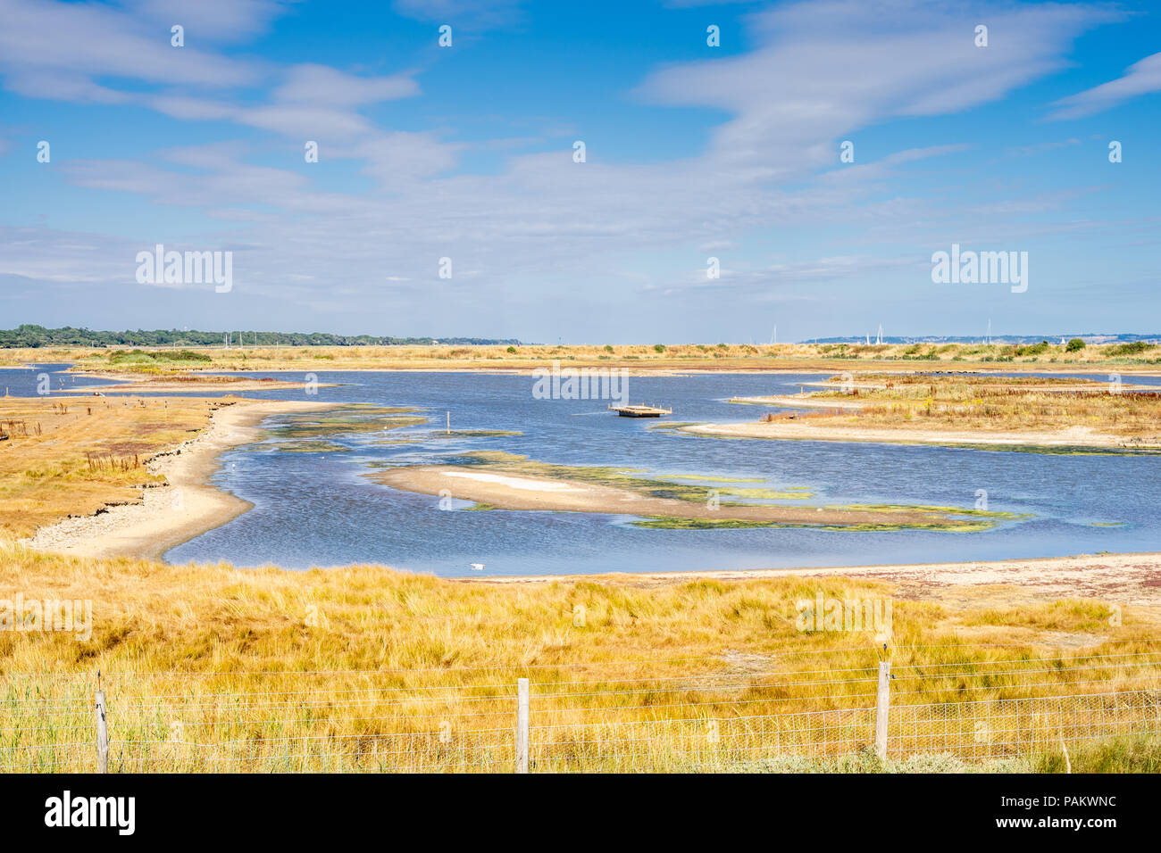 Blick über Lymington und die keyhaven Sümpfe Naturschutzgebiet bei sehr trockenem Wetter im Juli 2018 Lymington, Hampshire, England, Großbritannien Stockfoto